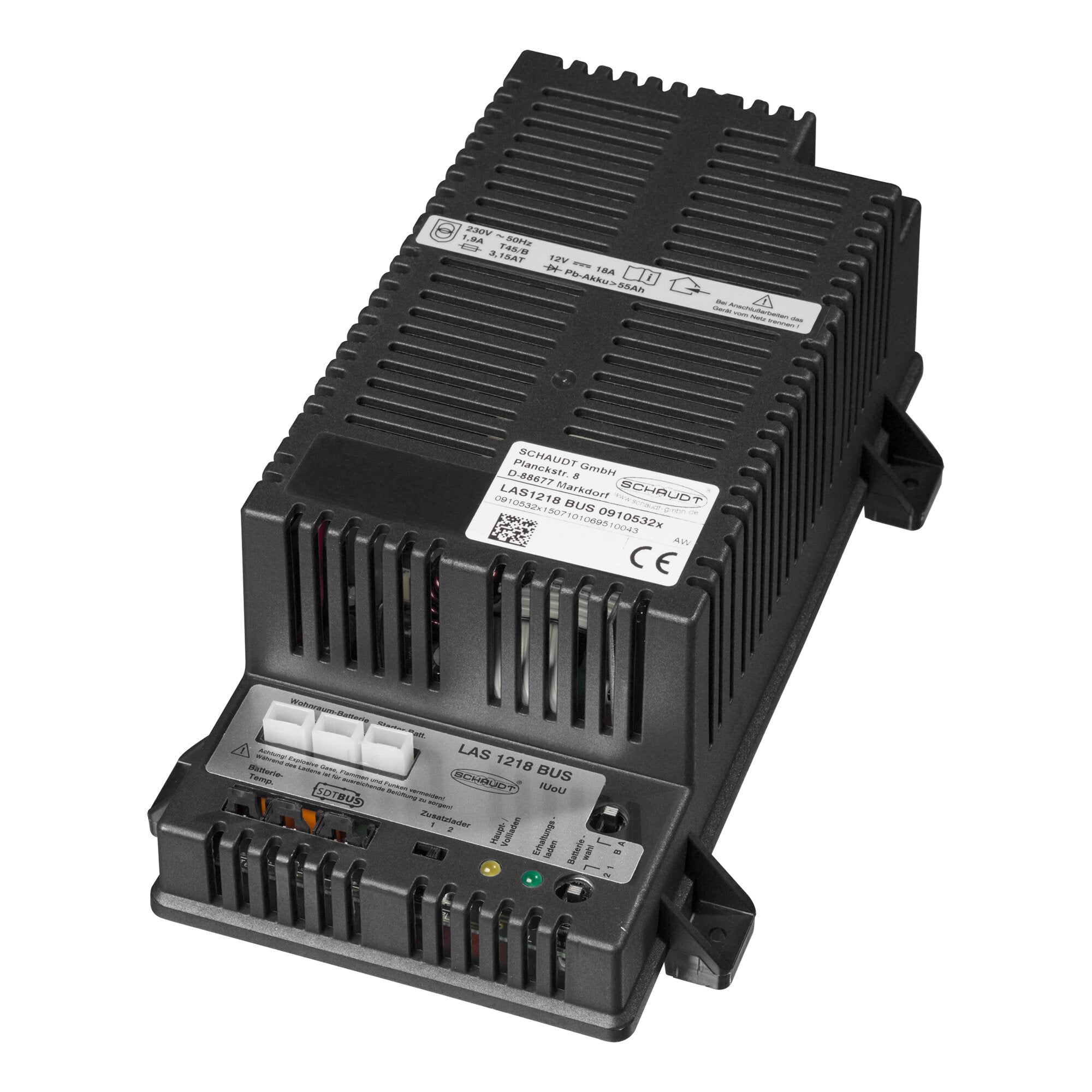 LAS 1218 BUS Batterieladegerät in schwarzem Gehäuse mit Kühlrippen, sichtbarem weißen Anschlussblock und Etikett mit technischen Daten
