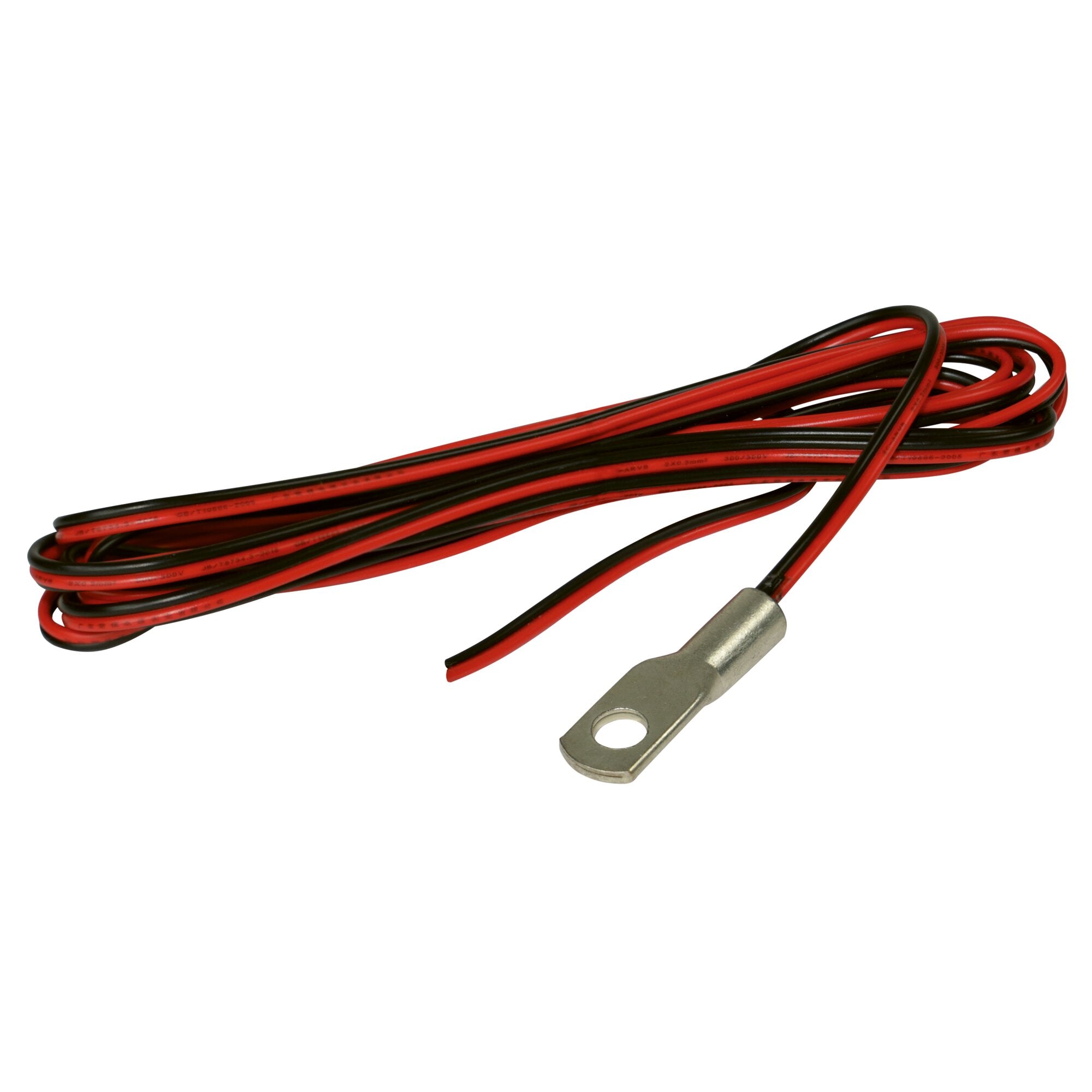 Rot-schwarze isolierte Kabel mit mehreren Windungen, am Ende eine metallene Befestigungsöse mit Loch sichtbar