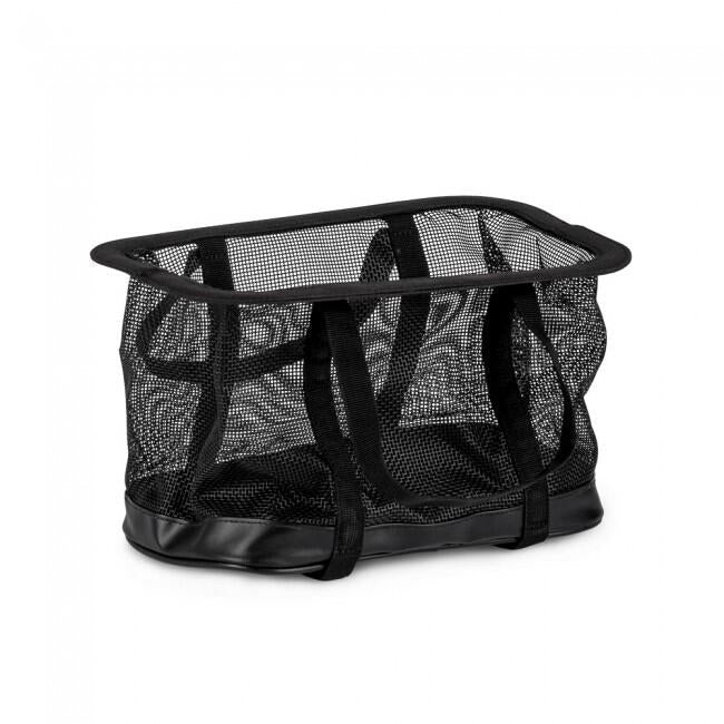 Schwarzer Netzeinsatz aus feinem Mesh mit stabilen Tragegriffen und festem Boden, rechteckig, offen oben, für Kühltasche.