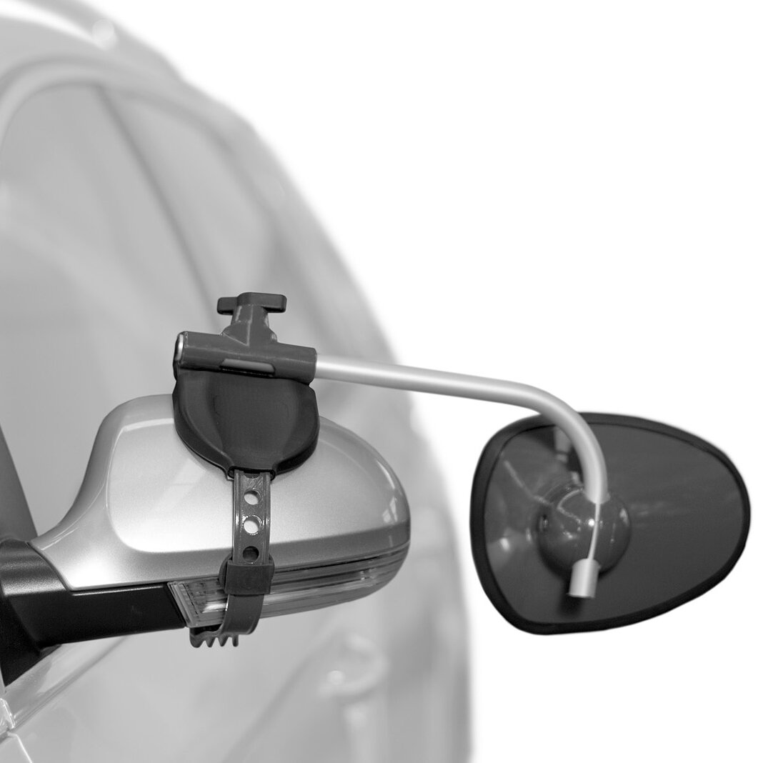 Caravanspiegel Alufor plan S Armlänge 33 cm, silbernes Gehäuse, Spiegelglas, schwarze Halterung, montiert an gebogener Stange