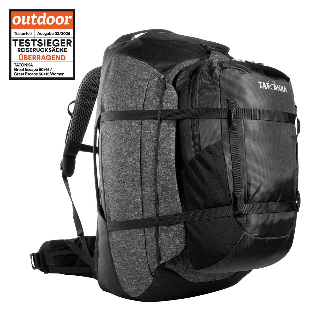 Schwarzer Tatonka Great Escape 60+15 Reiserucksack mit Front-Daypack, gepolsterte Tragegurte, Kompressionsriemen,.