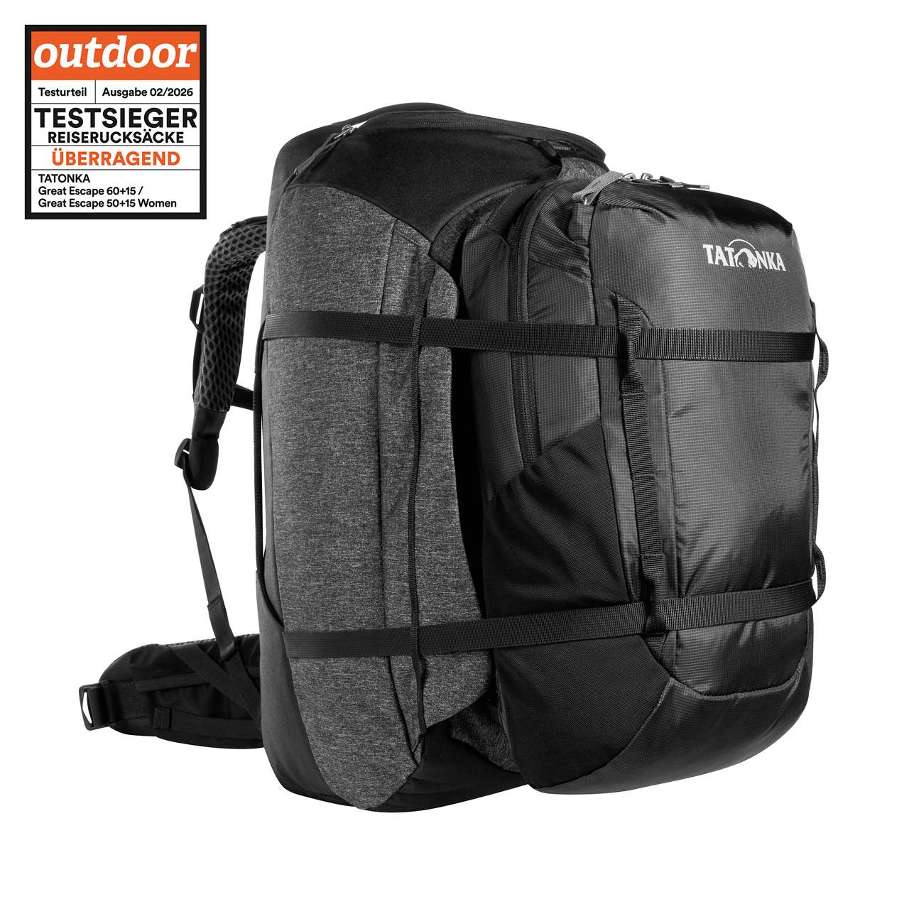 Schwarzer und dunkelgrauer Reiserucksack Tatonka Great Escape 50+15 Women mit geräumigem Hauptfach, kompaktem Daypack vorne,
