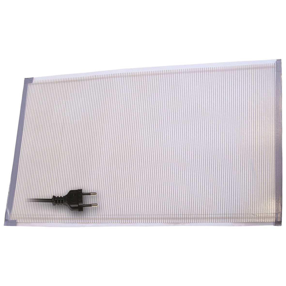Heizgewebe 12 Volt, ca. 50 cm lang, flächiges transparentes Gewebe mit feinen senkrechten Streifen und einem zweipoligen Stecker unten links