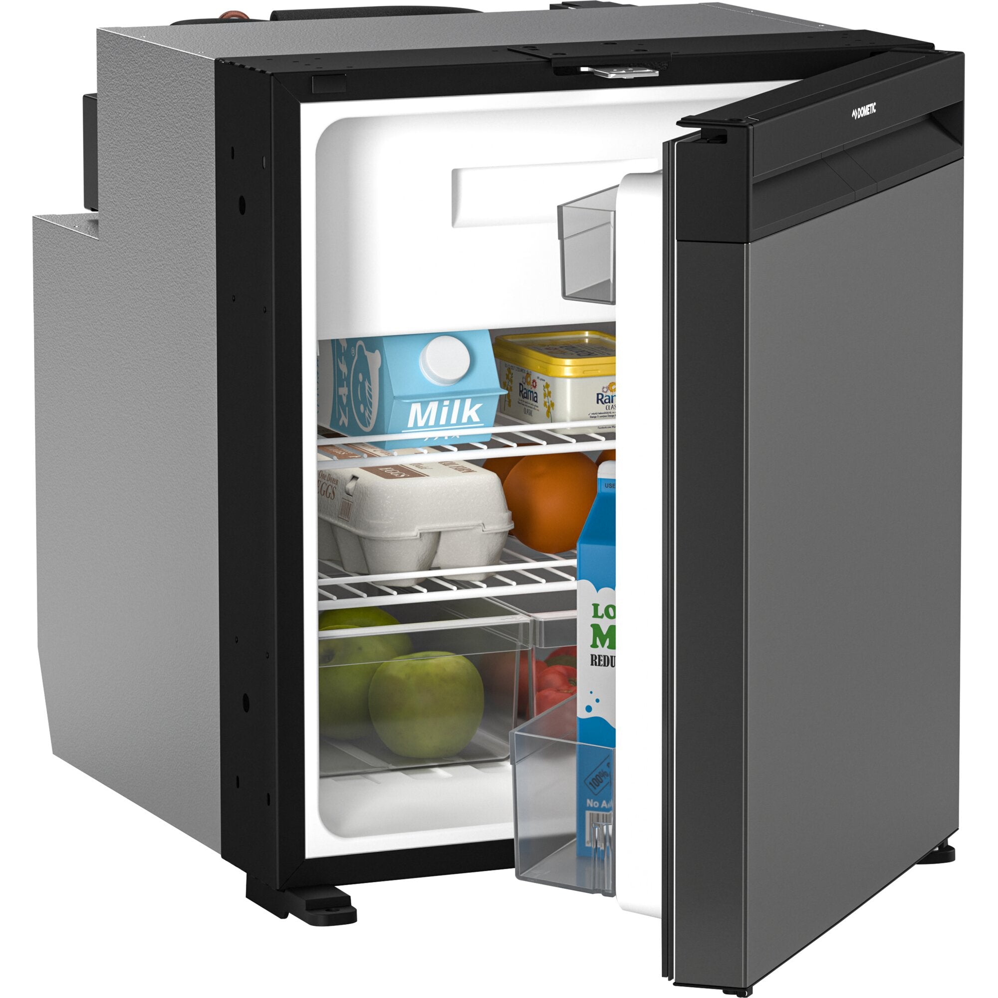 Kompressorkühlschrank CoolMatic NRX von Dometic, Vorderseite schwarz, Tür geöffnet, Innenraum mit Regalen und Milch, Eier sowie Obst