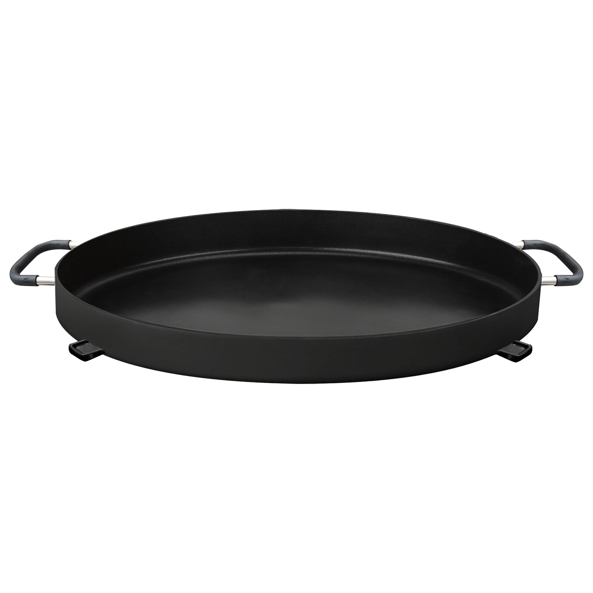 Runde Grillpfanne in mattschwarz mit zwei seitlichen Metallgriffen, flache Innenfläche und erhöhter Rand vor weißem Hintergrund