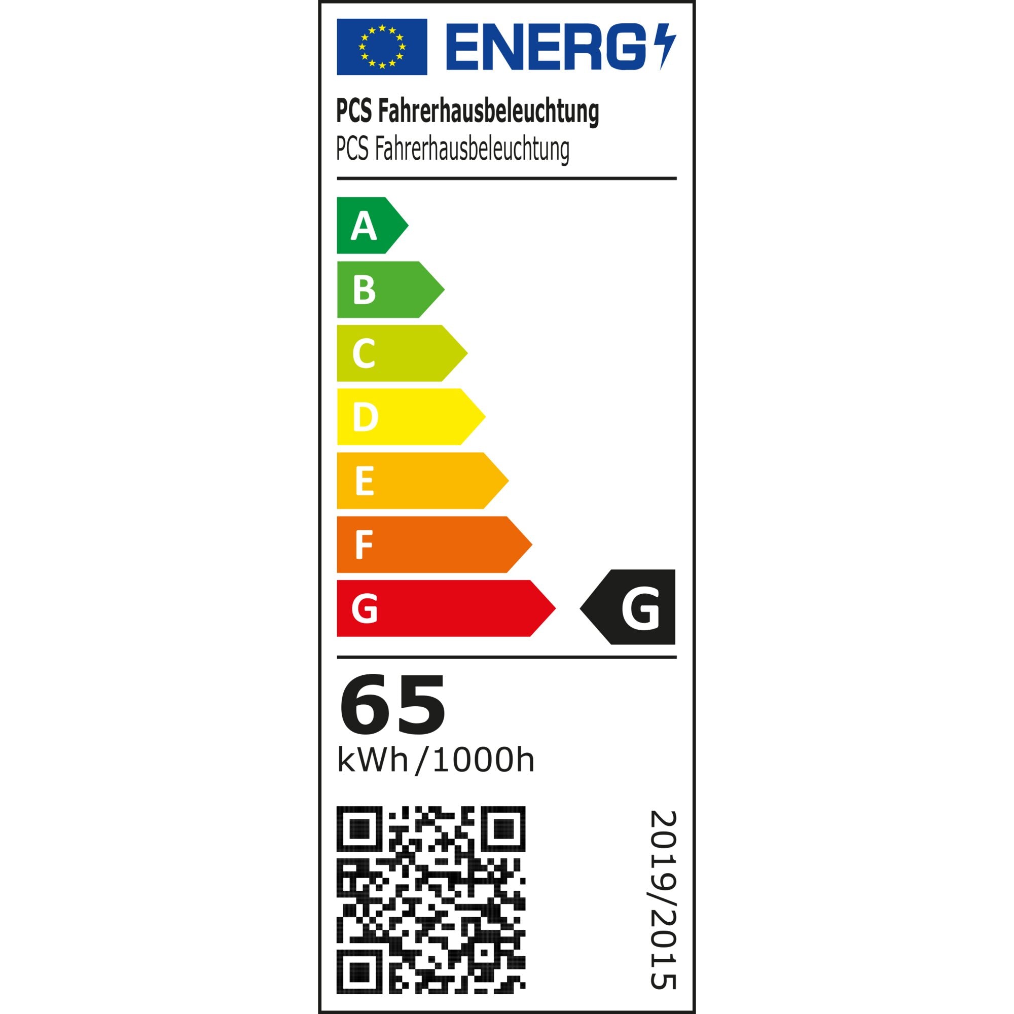 EU-Energiekennzeichnung für Fahrerhausbeleuchtung mit moderner LED-Technik, silber; farbige A–G-Skala, QR-Code und 65 kWh/1000h sichtbar