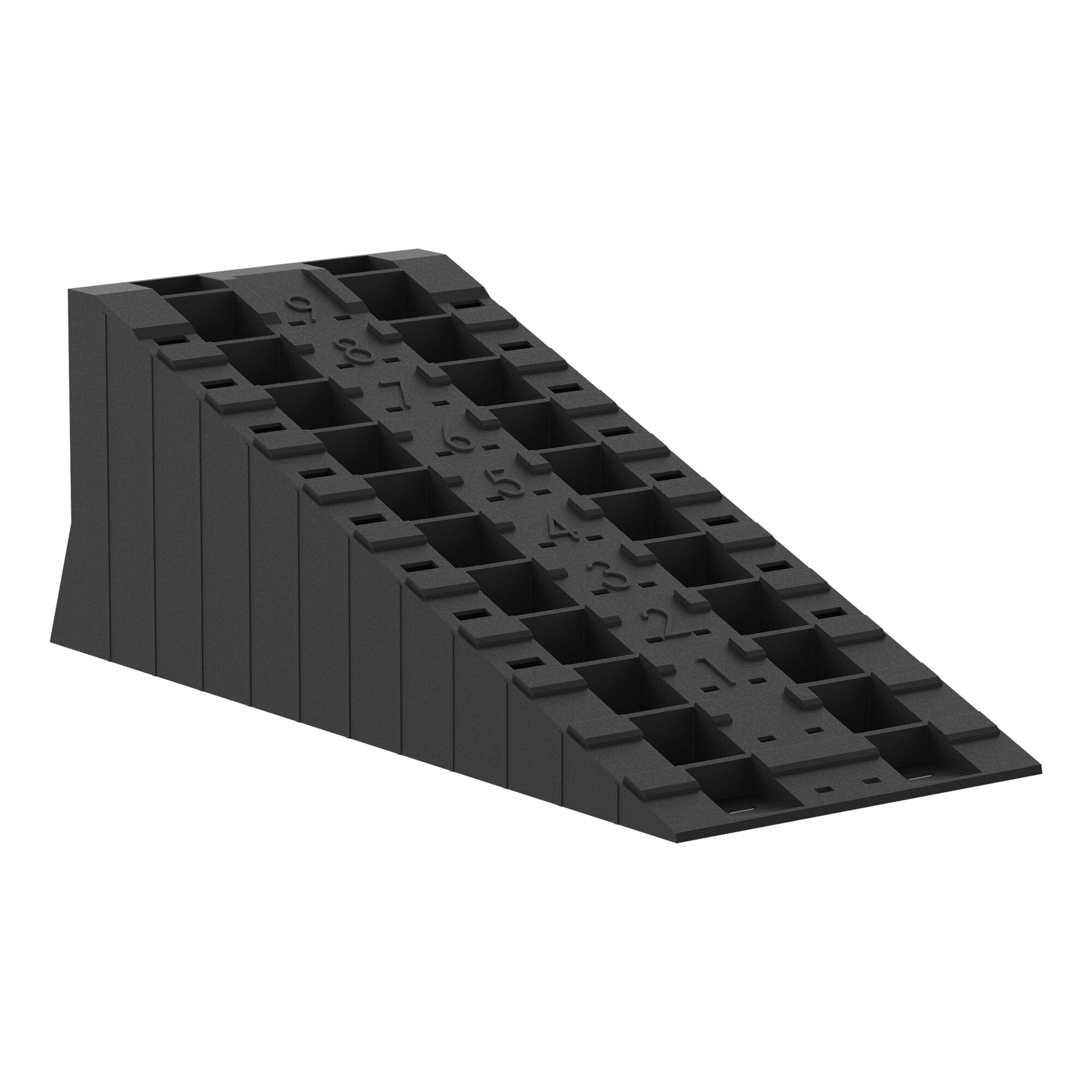Schwarzer Auffahrkeil aus Kunststoff mit quadratischen Vertiefungen auf der Oberseite LEVEL9 Prägung sichtbar Teil eines 2er-Sets