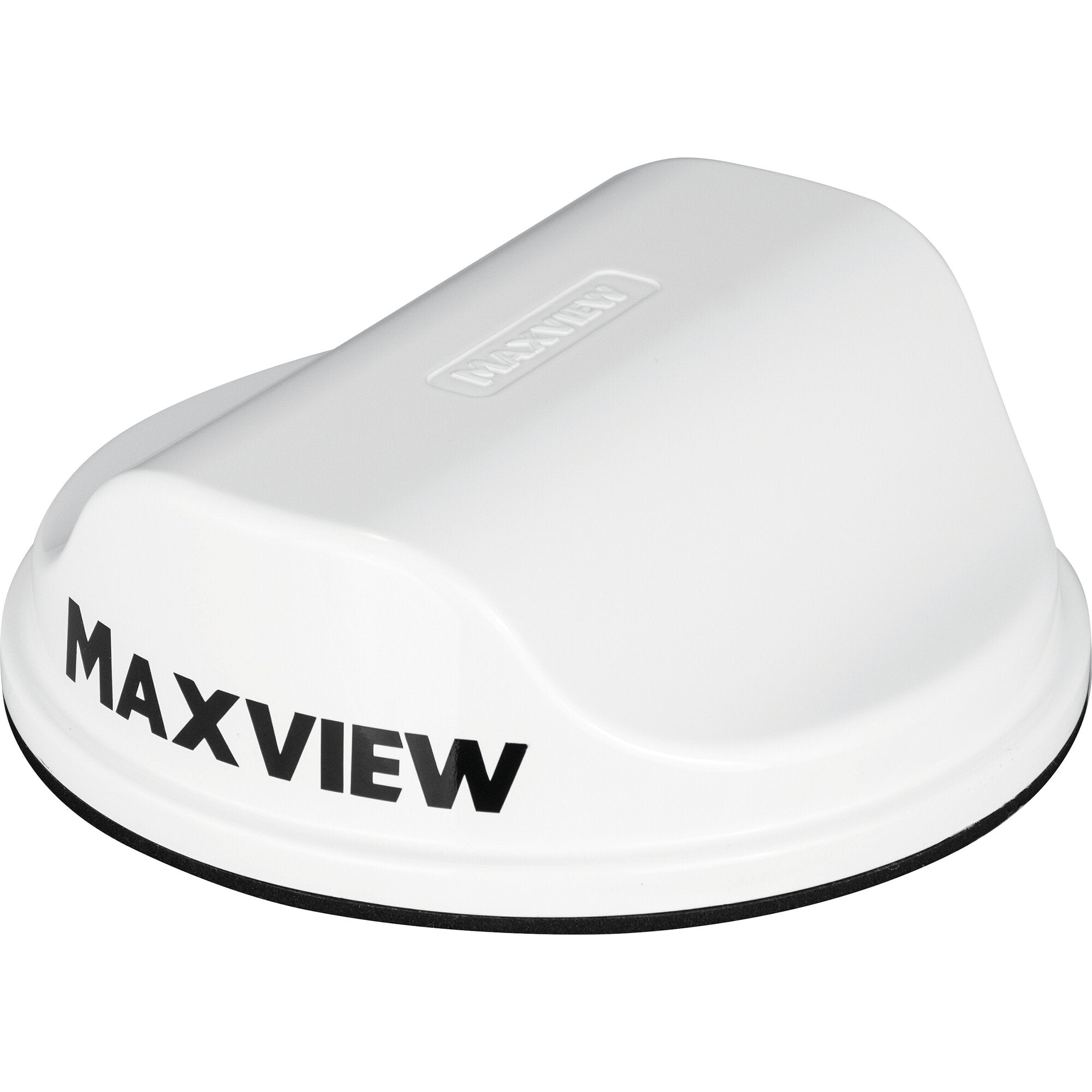 Nahaufnahme eines weißen, gebogenen Routergehäuses mit einem eingeprägten Maxview-Logo auf der Oberseite