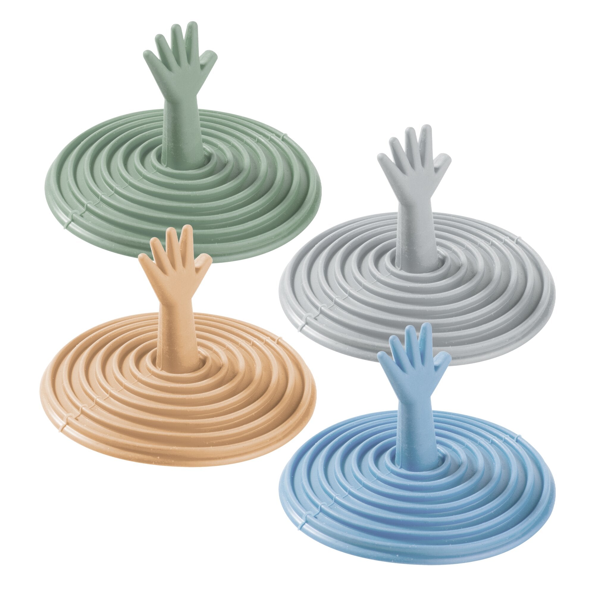Mehrfarbige Abflussstopfen mit spiralförmiger Dichtung und handförmigem Griff in Grün, Grau, Beige und Blau