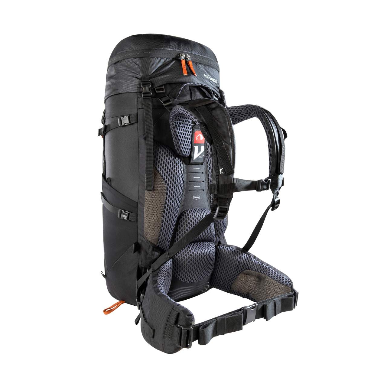 Schwarzer Tatonka Yukon 50+10 Trekkingrucksack mit grauem, atmungsaktivem V2-Tragesystem, gepolstertem Hüftgurt und.