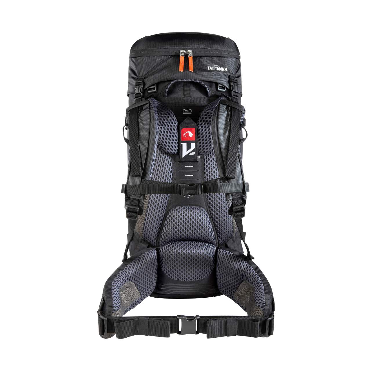 Schwarzer Trekkingrucksack mit gepolstertem Rückensystem, atmungsaktivem Netz und verstellbarem Hüftgurt, ergonomisch.