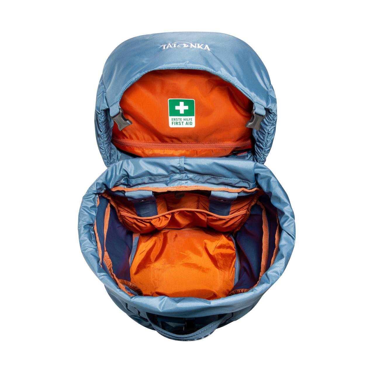 Blauer Tatonka Yukon 50+10 Women Trekkingrucksack mit geöffnetem Hauptfach und orangefarbenem Innenfutter, vielseitige.