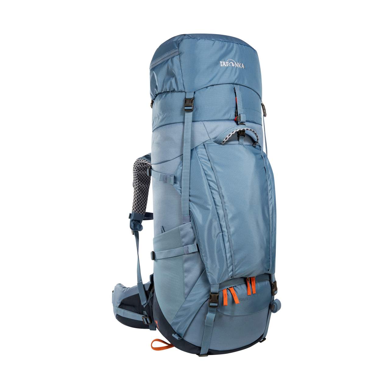 Großer hellblauer Trekkingrucksack mit V2-Tragesystem, verstellbaren Trägern und gepolstertem Hüftgurt, robustes Material,.