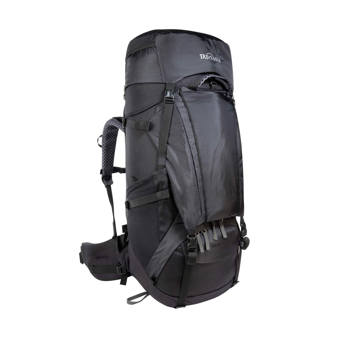 Großer schwarzer Tatonka Yukon 50+10 Trekkingrucksack mit V2-Tragesystem, mehrfach verstellbar, gepolsterter Hüftgurt,.