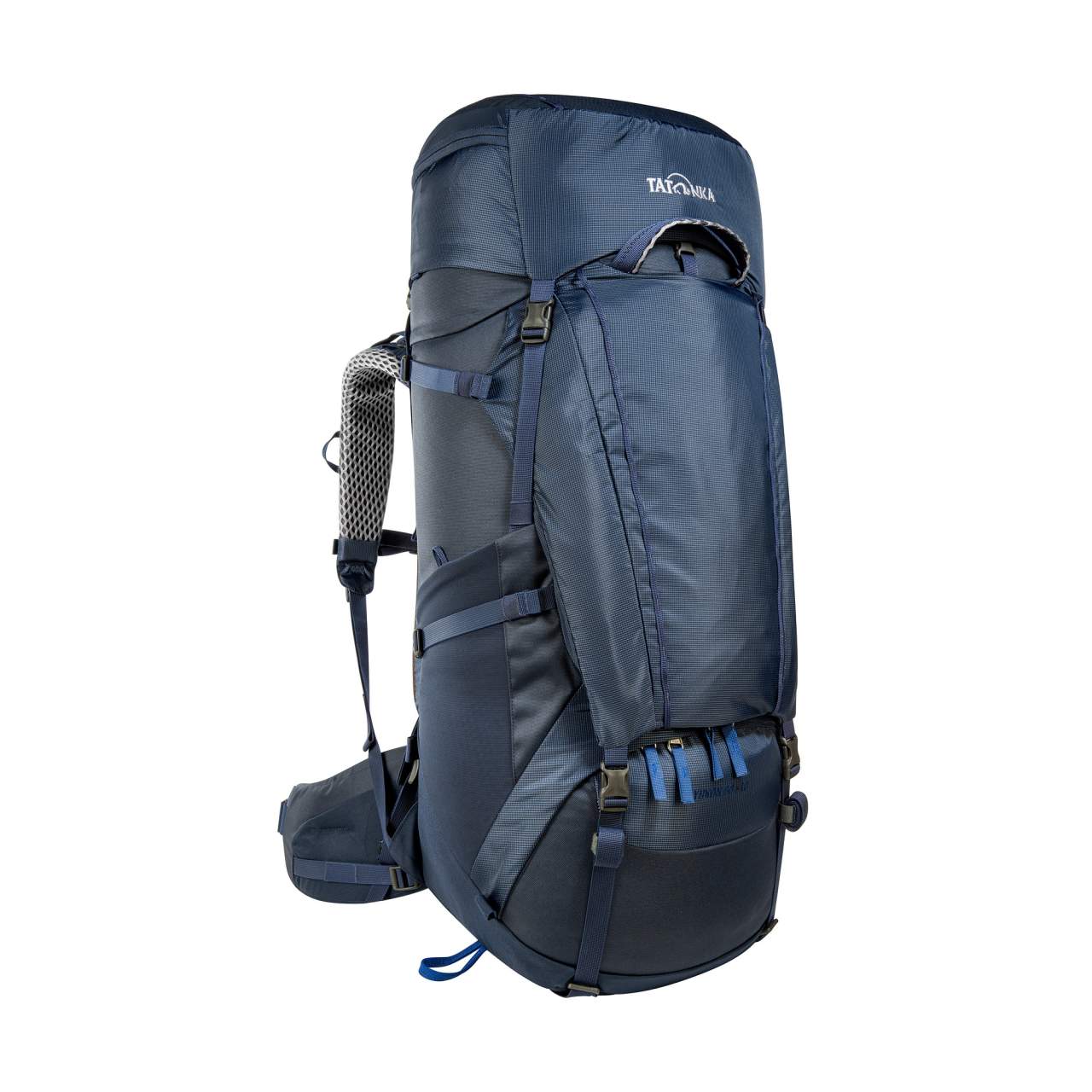 Blauer Tatonka Yukon 60+10 Trekkingrucksack mit verstärktem V2-Tragesystem, vielen Schnallen und Netzmaterial vorne,.