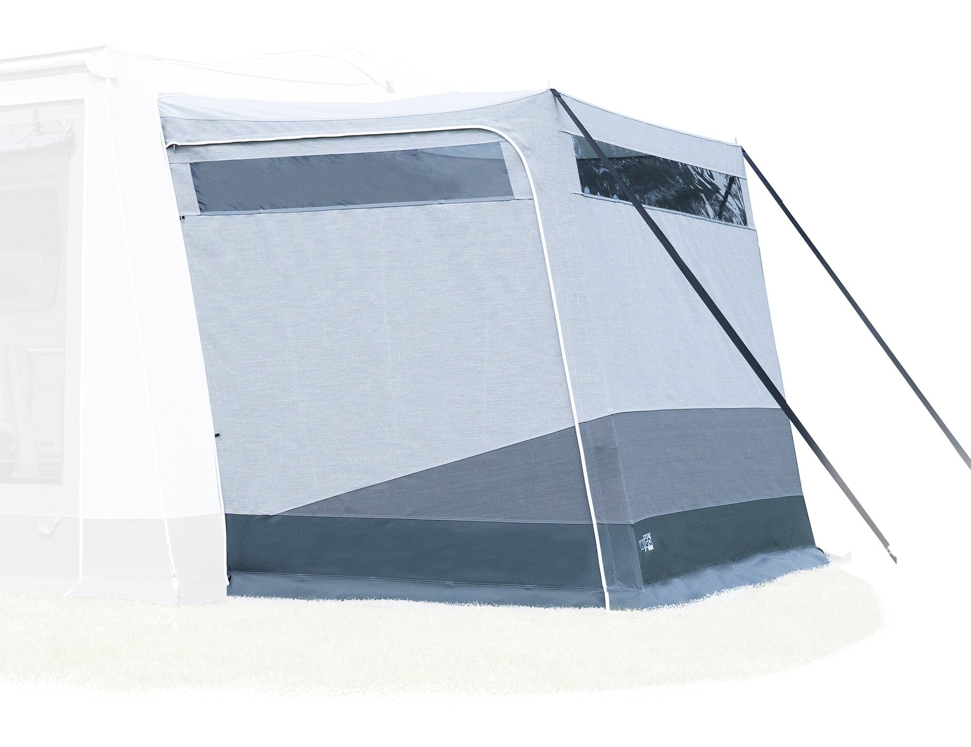 Seitenansicht eines grauen Anbau Buddy für WIGO Rolli Plus Lounge am Caravan, mit Fensterband, Abspannseilen und sichtbarem WIGO-Logo unten rechts
