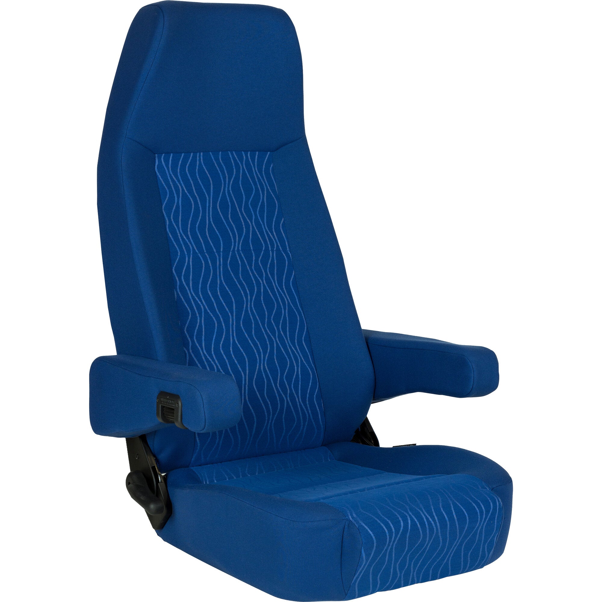Blauer Pilotensitz mit integrierter Nackenstütze, hohe Rückenlehne, mittleres Stofffeld mit Wellenmuster und Armlehne sichtbar