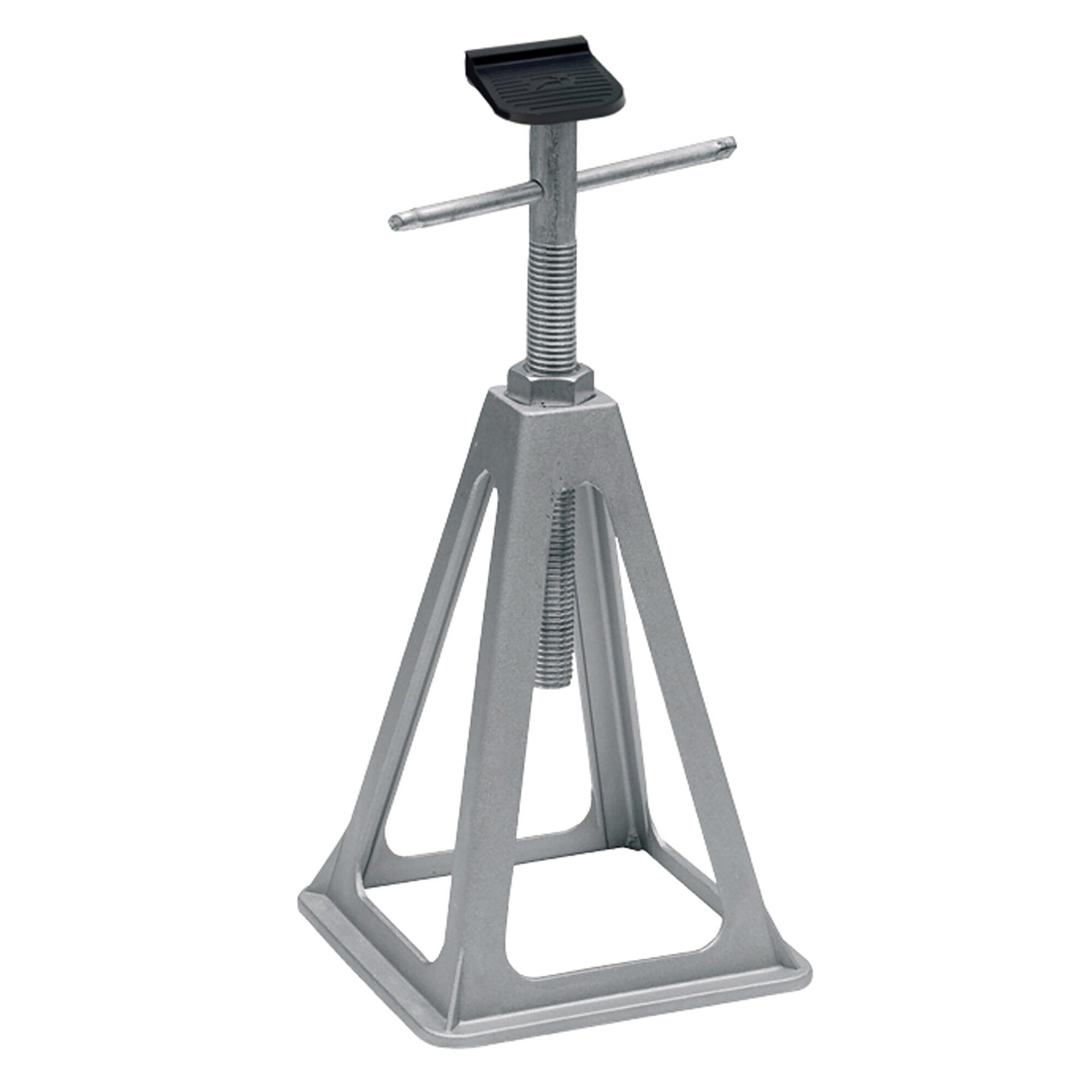 Stützbock aus Metall mit zentraler Gewindespindel, horizontaler Querstrebe, quadratischem Standfuß und schwarzer gerippter Auflagefläche oben
