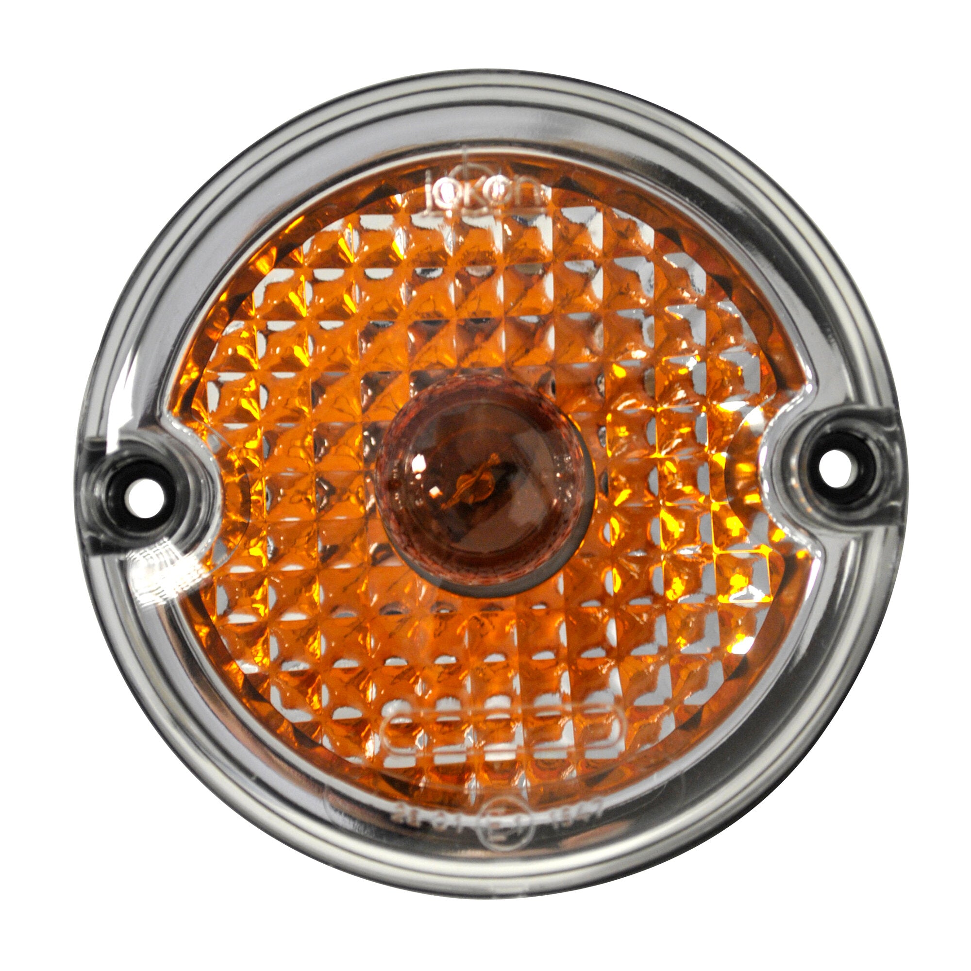 Runder Blinker mit einer orangefarbenen Linse im silbernen Gehäuse, zwei Befestigungslöcher sichtbar