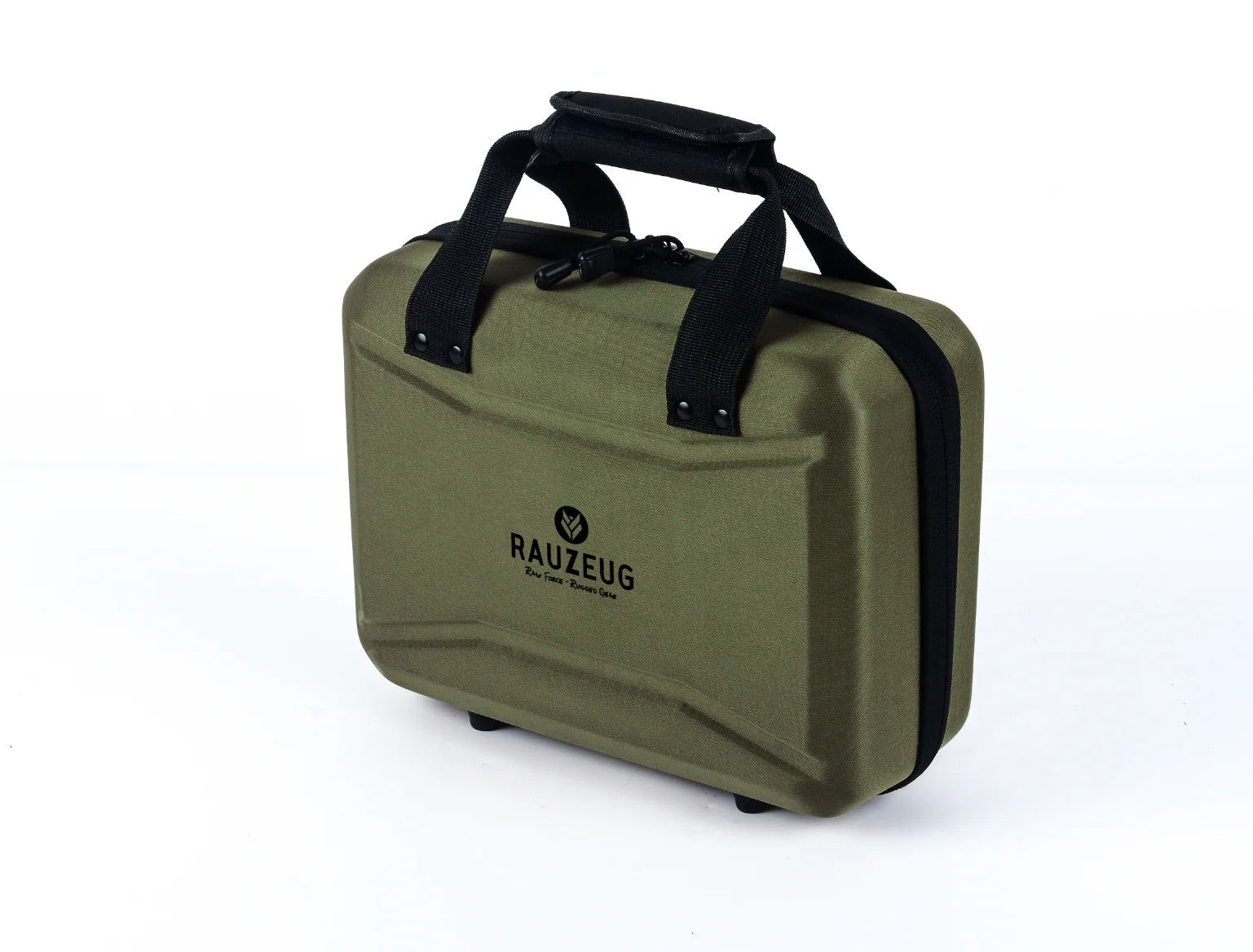 Olivgrünes, rechteckiges Night Vision Softcase aus robustem Material mit schwarzem Reißverschluss und Tragegriff,.