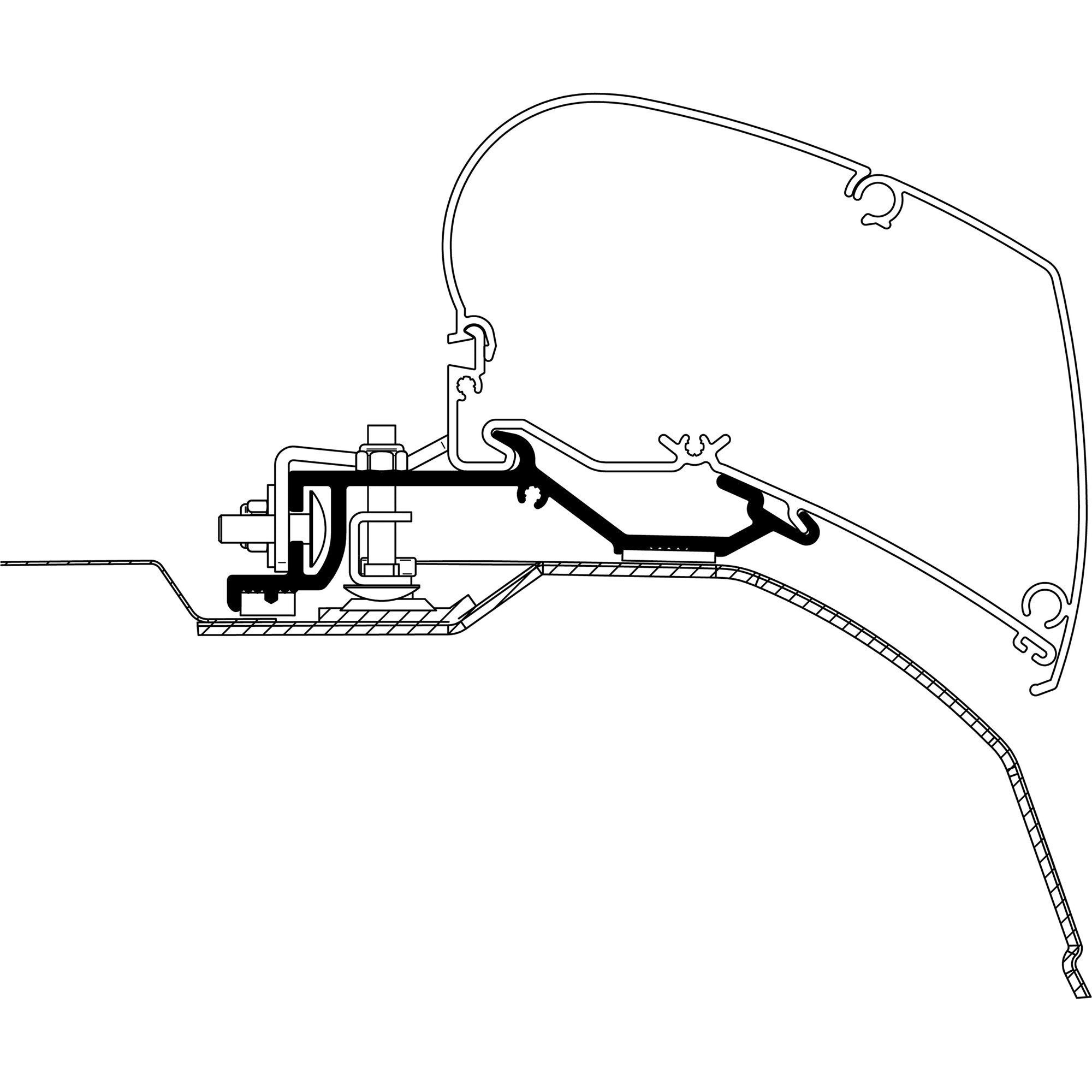 Technische Zeichnung des Montagesatzes Thule Omnistor 6300, sichtbare Halteklammern, Schraubverbindungen, Führungsschiene und Montagearm