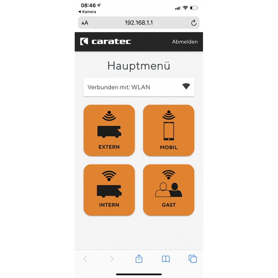 Routerkonfigurationsoberfläche auf Smartphone mit vier orangefarbenen Kacheln EXTERN MOBIL INTERN GAST Logo von Caratec sichtbar