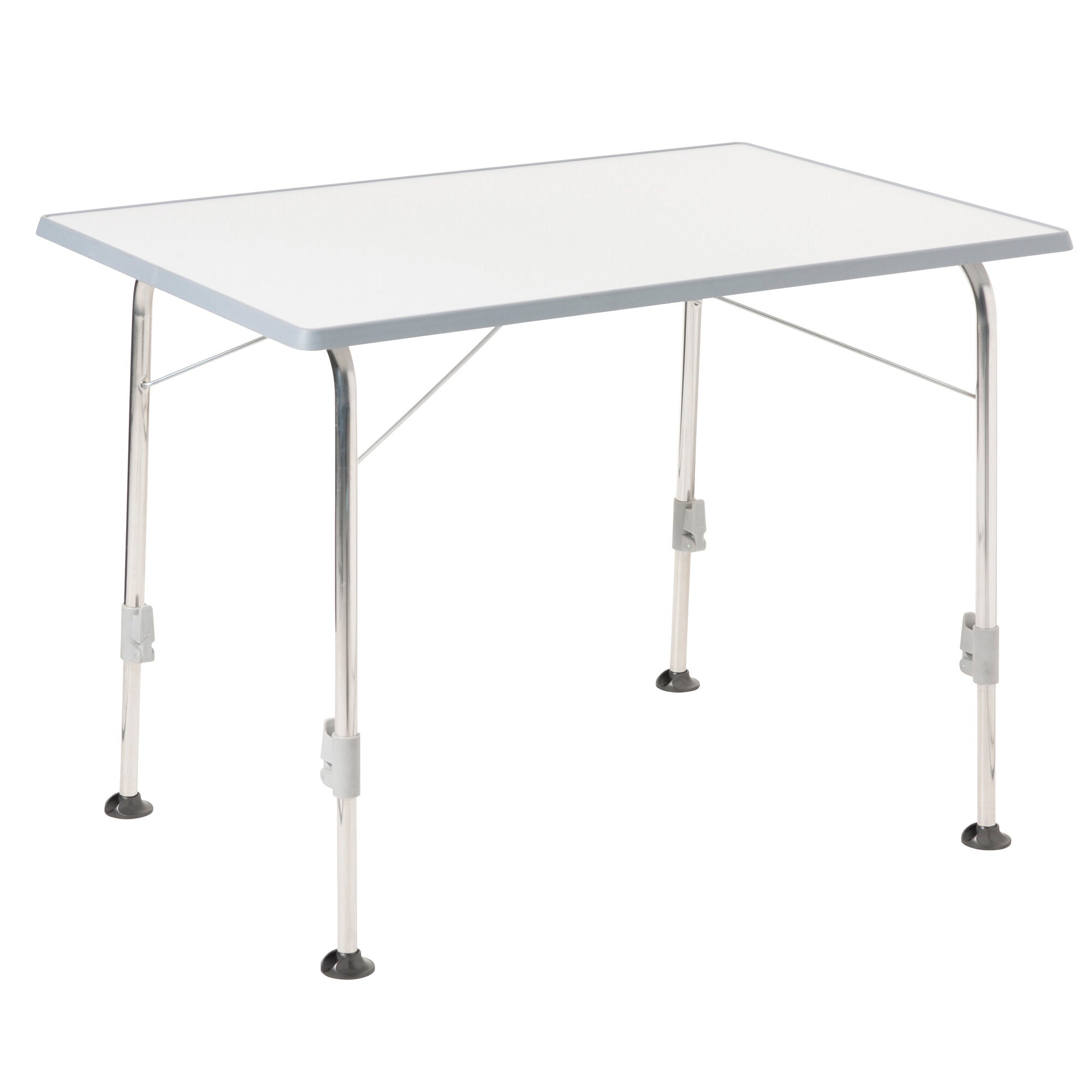 Campingtisch Stabilic 2, hellgraue Platte mit abgerundeten Ecken, silberne Metallbeine, diagonale Verstrebungen und Gummikappen an den Füßen