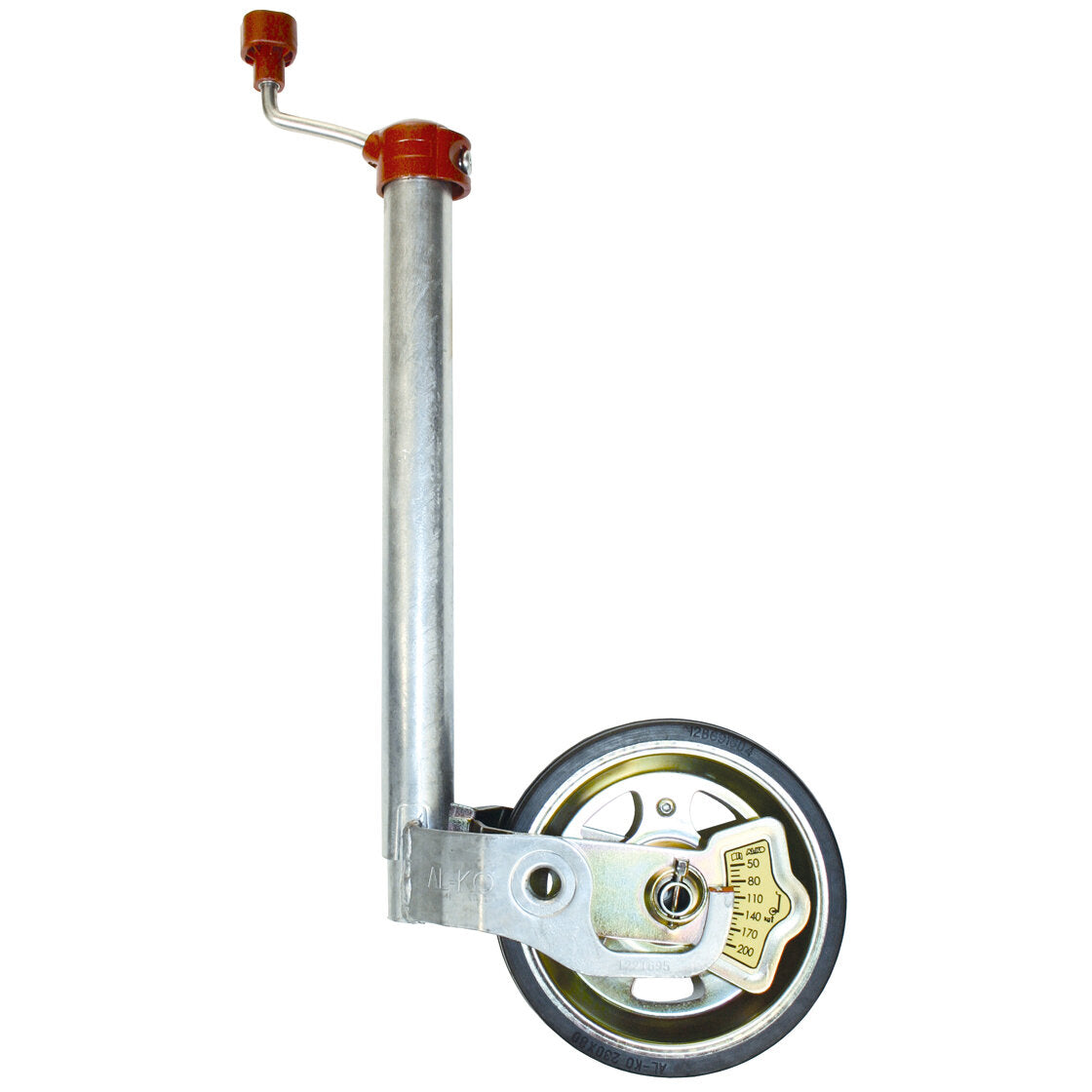 Stützrad Premium mit langem Metallrohr, roter Knauf oben, verstellbarem Arm und Rad mit Gummi-Reifen, gelb markierte Skala am Haltearm