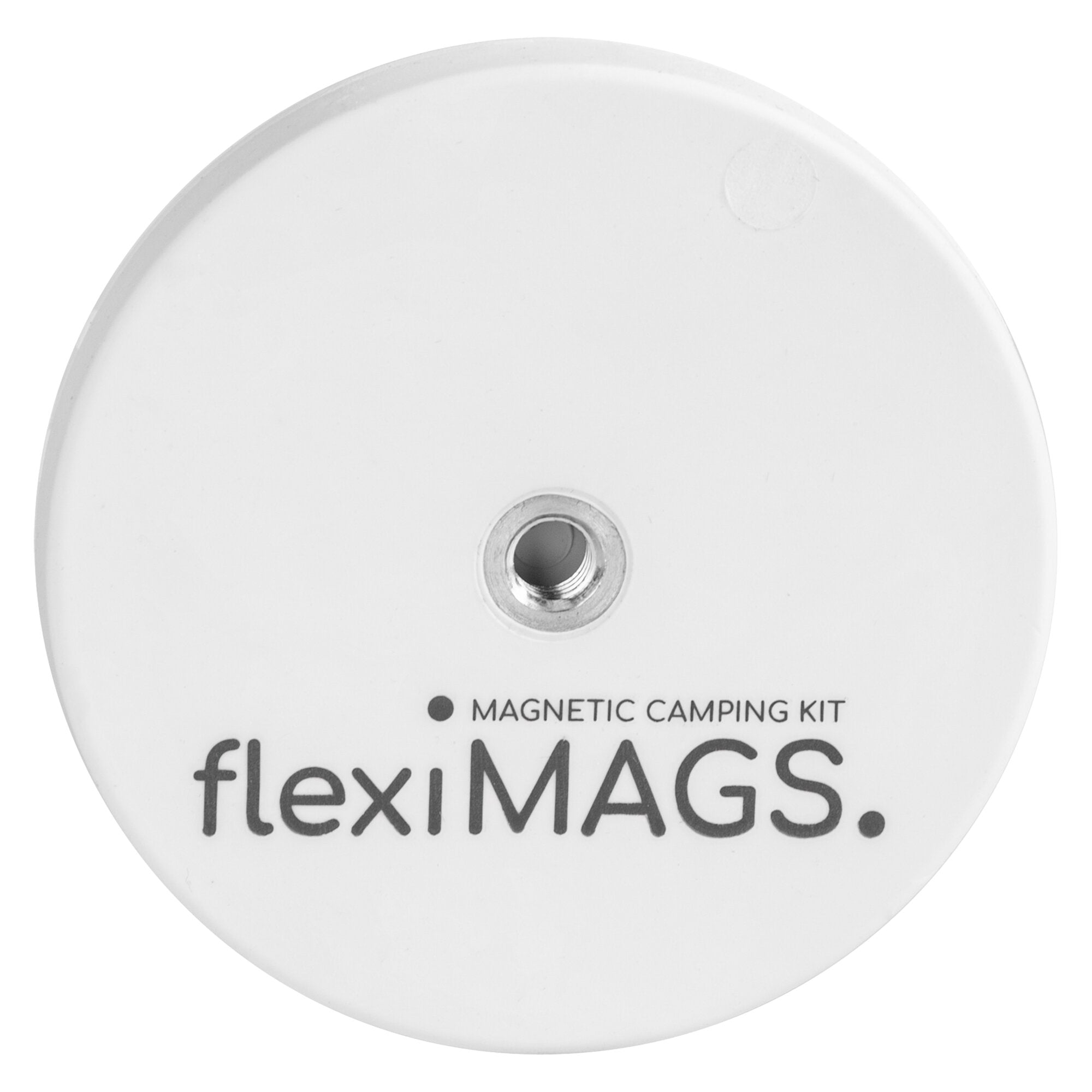 Runder, weißer Magnet mit zentralem Metallring; auf der Oberfläche sind MAGNETIC CAMPING KIT und flexiMAGs sichtbar