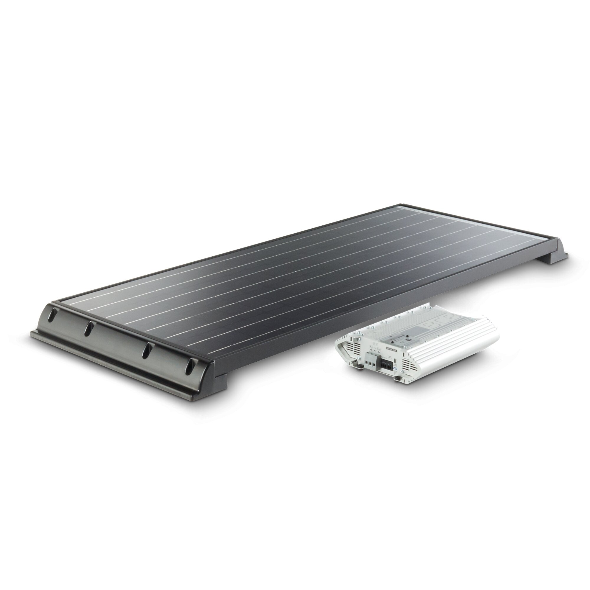 Langgestrecktes Solarmodul mit dunklen Zellen und grauem Rahmen, rechts ein weißes Elektronikgehäuse mit Anschlussleisten – PowerPack Classic 440 Wh