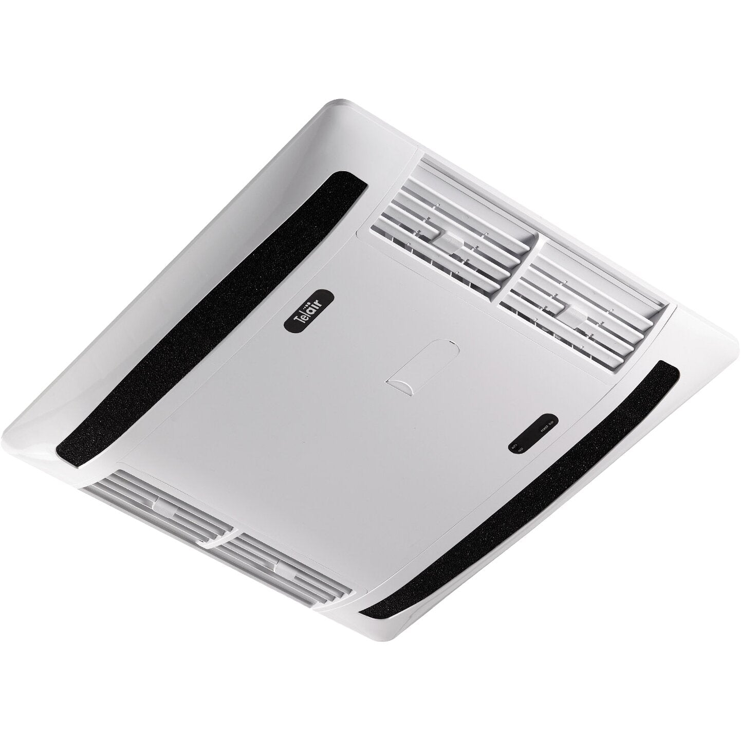 Weißes kompaktes Klimagerät Telair DualClima 8400H, schräg von oben, mit Belüftungslamellen und schwarzen Seitenstreifen, Logo sichtbar
