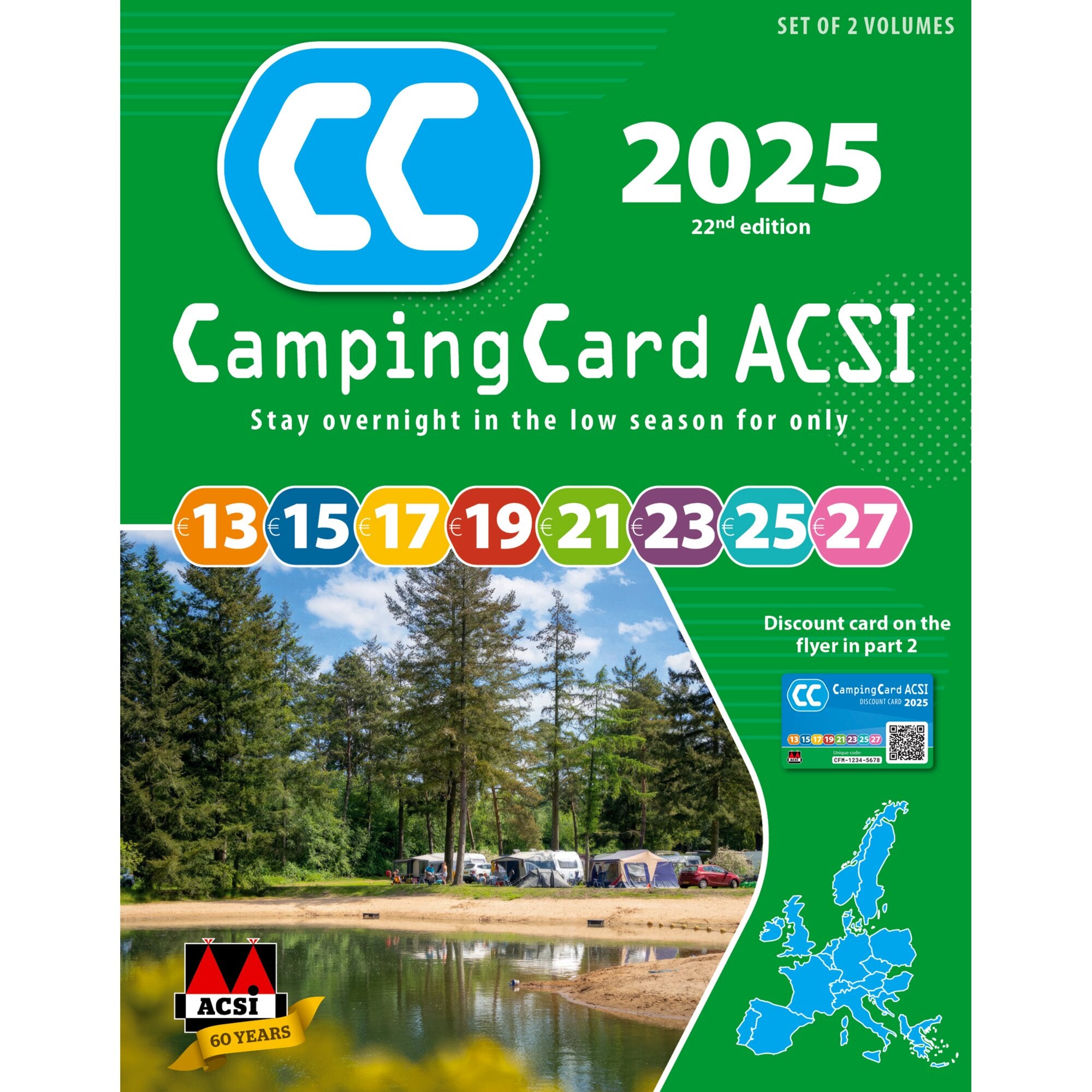 Grünes Banner mit dem CampingCard ACSI 2025 Logo, großer 2025-Schrift, bunten Preiszahlen 13–27 und einem Campingplatzbild mit Bäumen, Zelten und Fahrzeugen