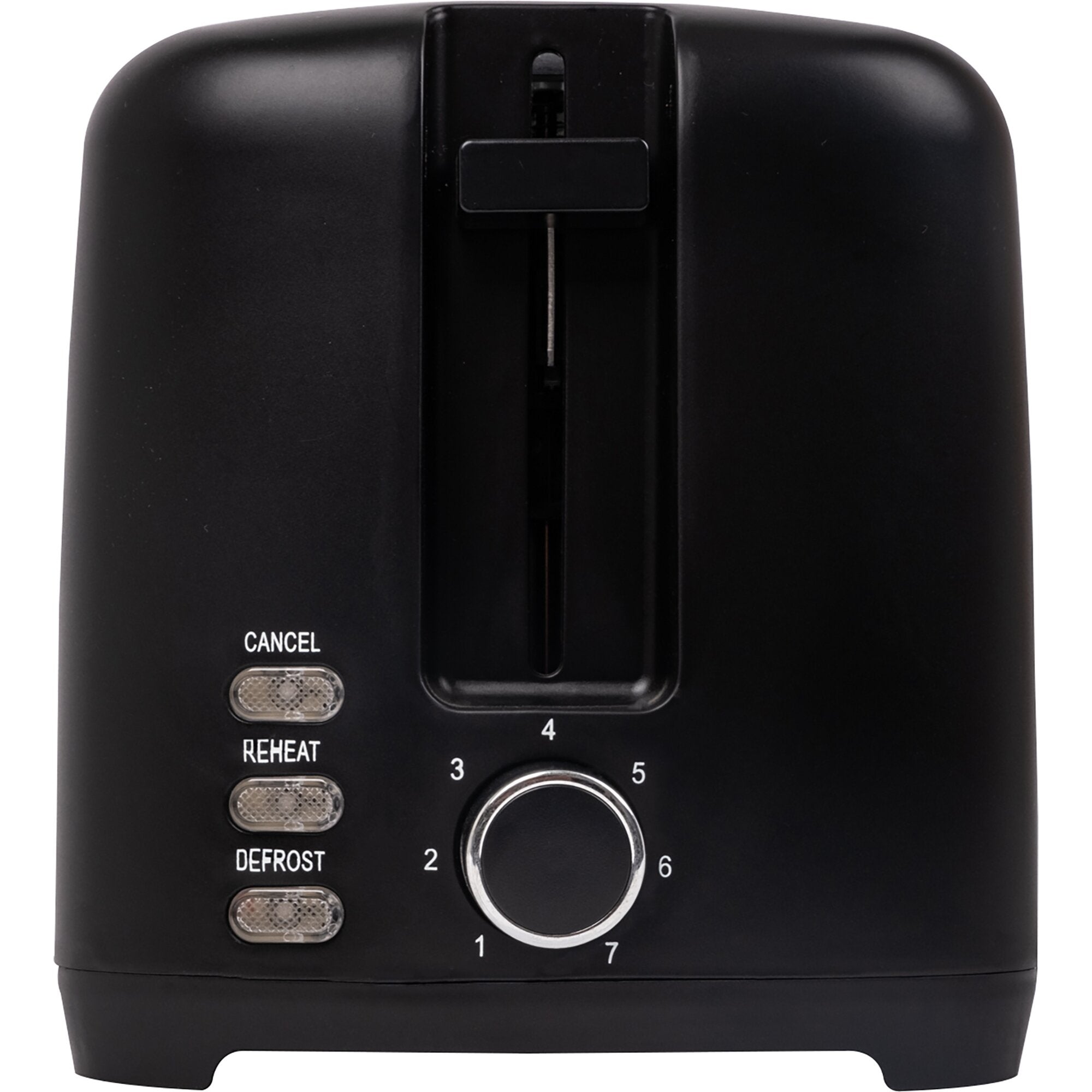 Schwarzer Toaster mit zentralem Brotschlitz, seitlich drei Tasten Cancel Reheat Defrost und einem runden Bräunungsrad mit Skala von 1 bis 7