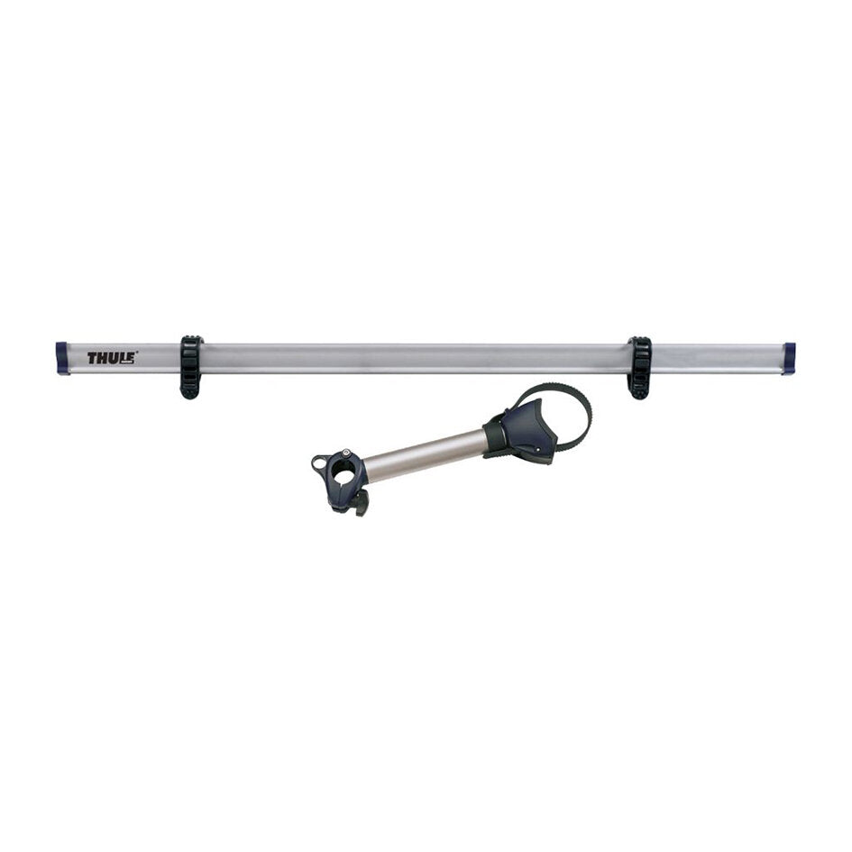 Erweiterungs-Set 3 für Thule Fahrradträger; silberne Aluminium-Schiene mit blauen Endkappen und Halteklammern, plus separater Arm mit Klemme