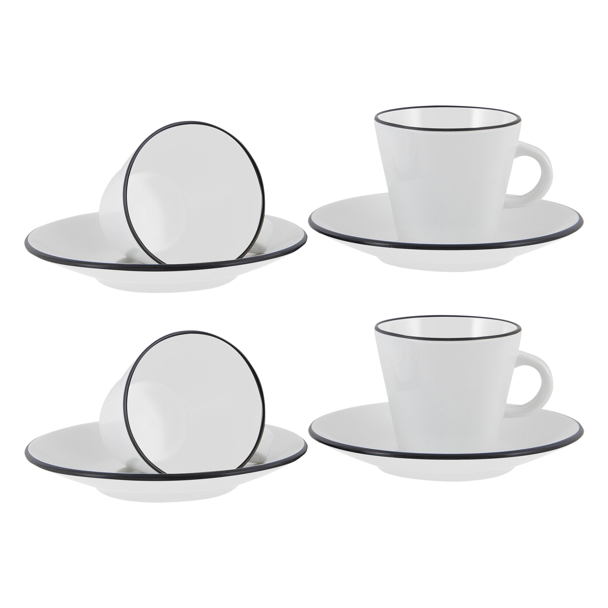 Mehrere weiße Espressotassen mit schwarzem Rand und passenden Untertassen, Nahaufnahme eines Linea Line Espressosets