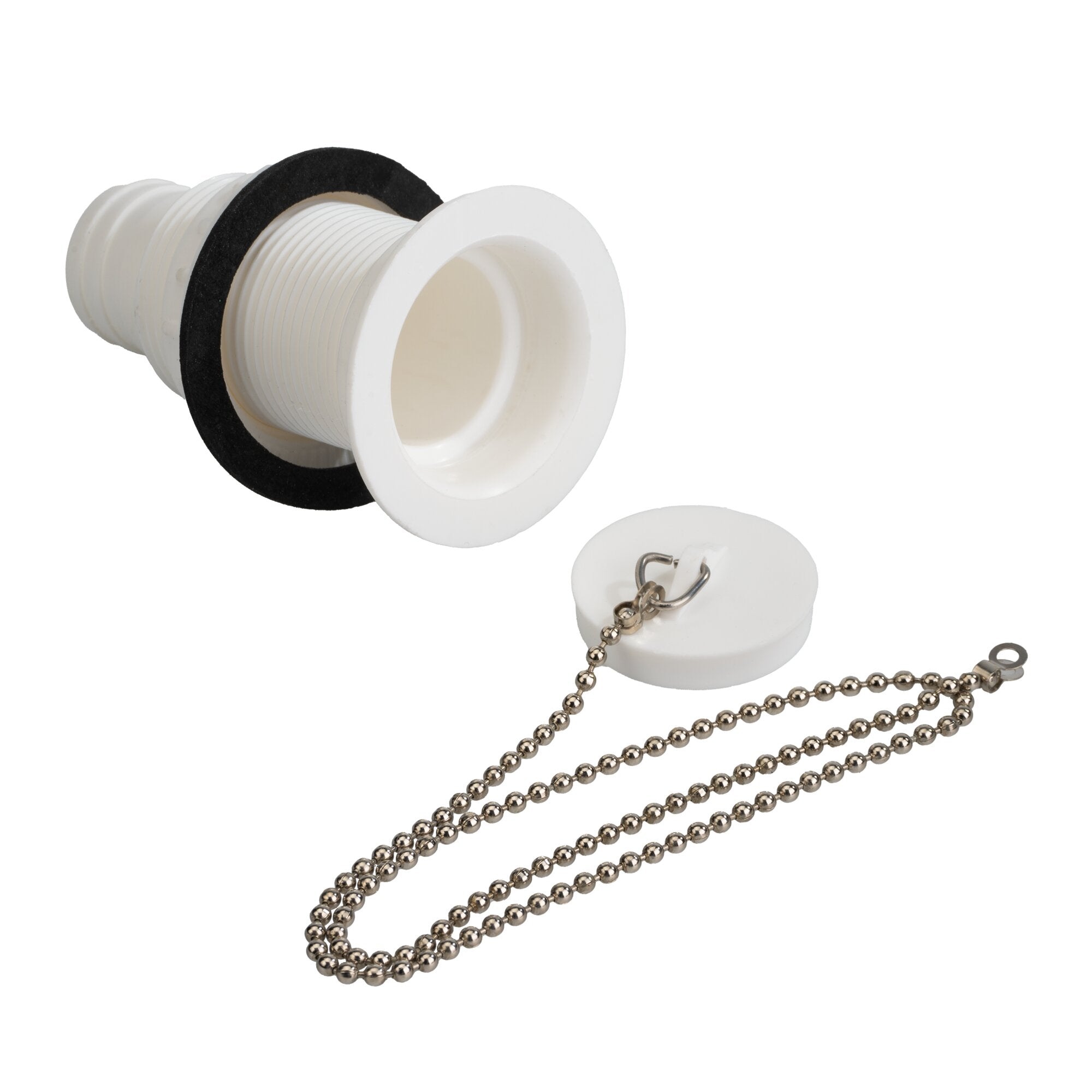 Gerader Ablaufstutzen 30 mm aus weißem Kunststoff mit Gewinde, schwarzer Dichtungsring und einer abdeckenden Kappe mit Kette