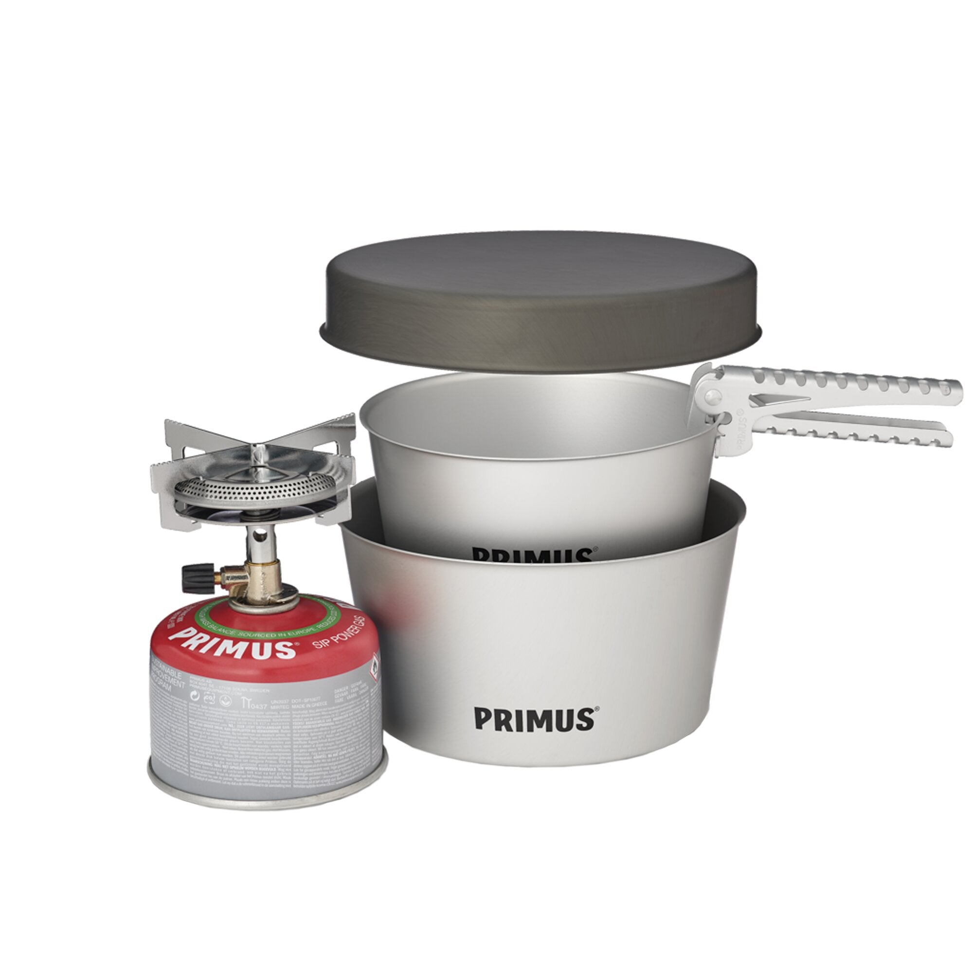 Primus Gaskocher-Set mit Gasflasche, Edelstahlkochtopf mit Deckel, Brenner und faltbaren Stützen