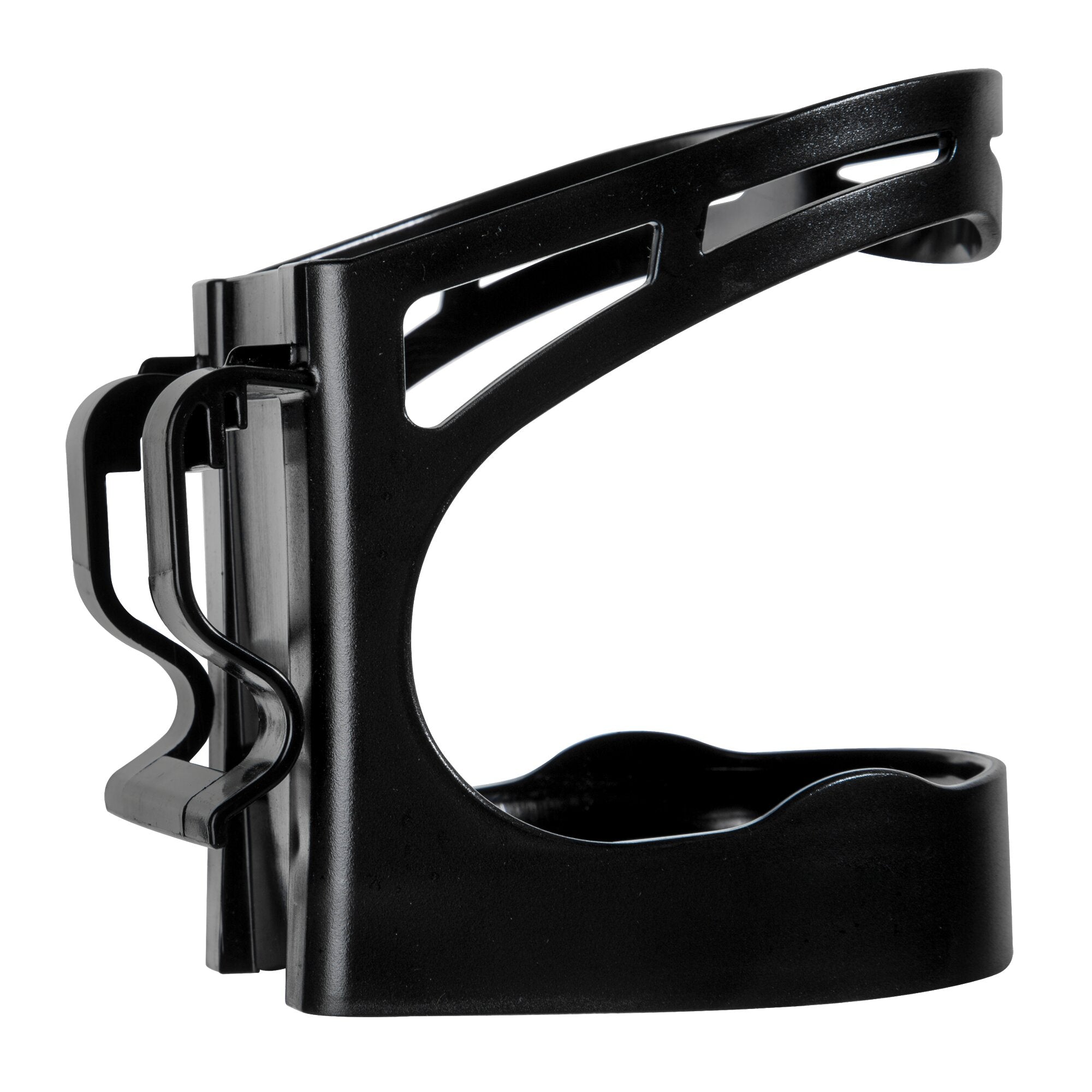 Nahaufnahme des schwarzen Bottle Butler Getränkehalters, Detail des oberen Tragrams mit Aussparungen und Clips, sichtbare Oberfläche
