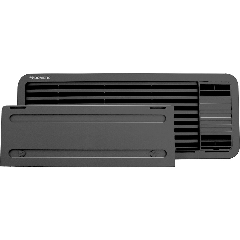 Schwarzes Lüftungsgitter-Set LS 100 mit horizontalen Lamellen, abnehmbare Abdeckung liegt davor, Dometic-Logo oben links
