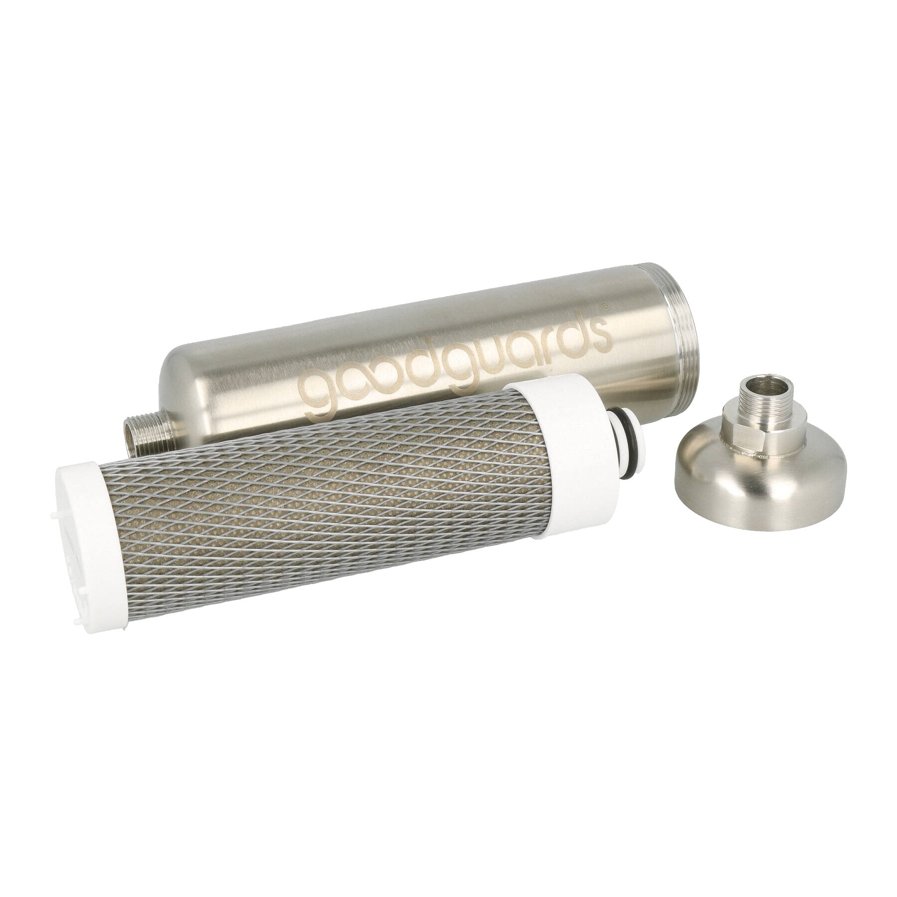 Kalkabsorber-Wasserfilter aus Edelstahl mit grobmaschigem Außenmantel, innerem Filterkern und einem anschlussfertigen Metalladapter