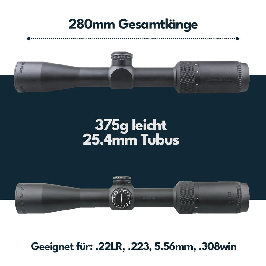 Schwarzes Zielfernrohr mit 25,4 mm Rohrdurchmesser, Länge 280 mm, Gewicht 375 g, verstellbare Zieloptik mit grobem und.