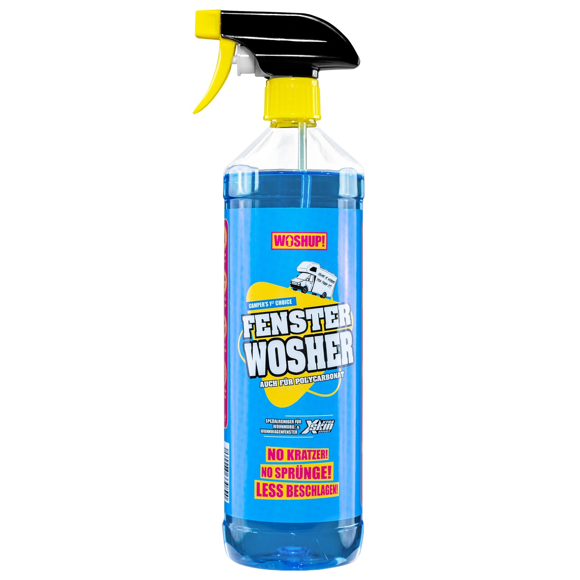 Sprühflasche Fensterreiniger Wosher mit gelbem Trigger, schwarzem Kopf und blauem Reinigungsflüssigkeitsbehälter, Etikett sichtbar