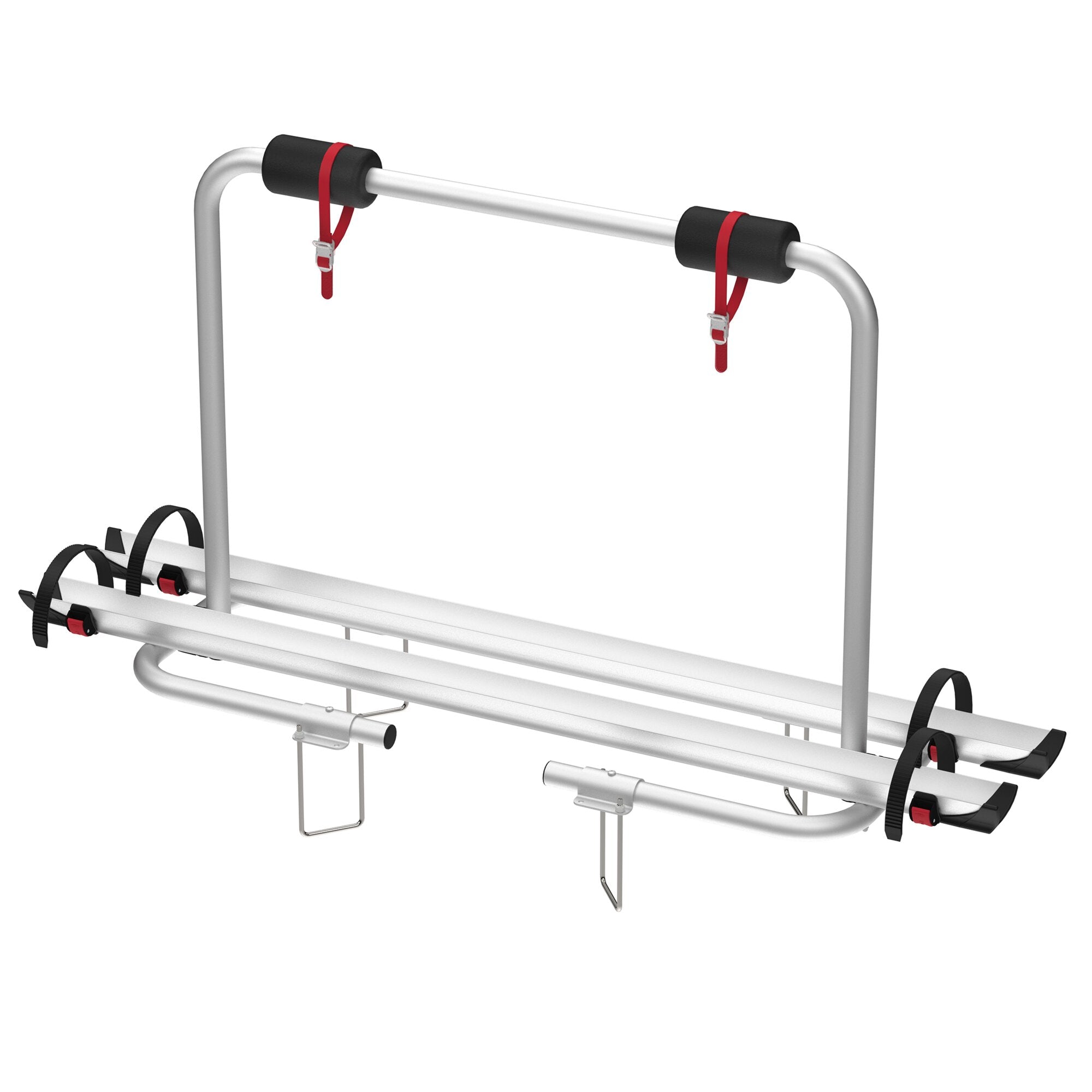 Deichselträger Carry-Bike Caravan XL A: zwei vertikale Stangen mit schwarzen Polstern, rote Spanngurte mit Schnallen, horizontale Rohre