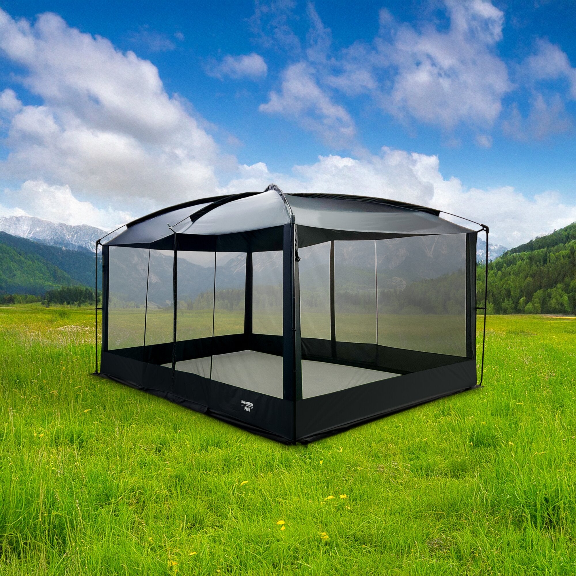 Pavillon Pavo mit schwarzem Rahmen, Mesh-Wänden und grauem Dach, steht auf grüner Wiese vor Bergen und blauem Himmel