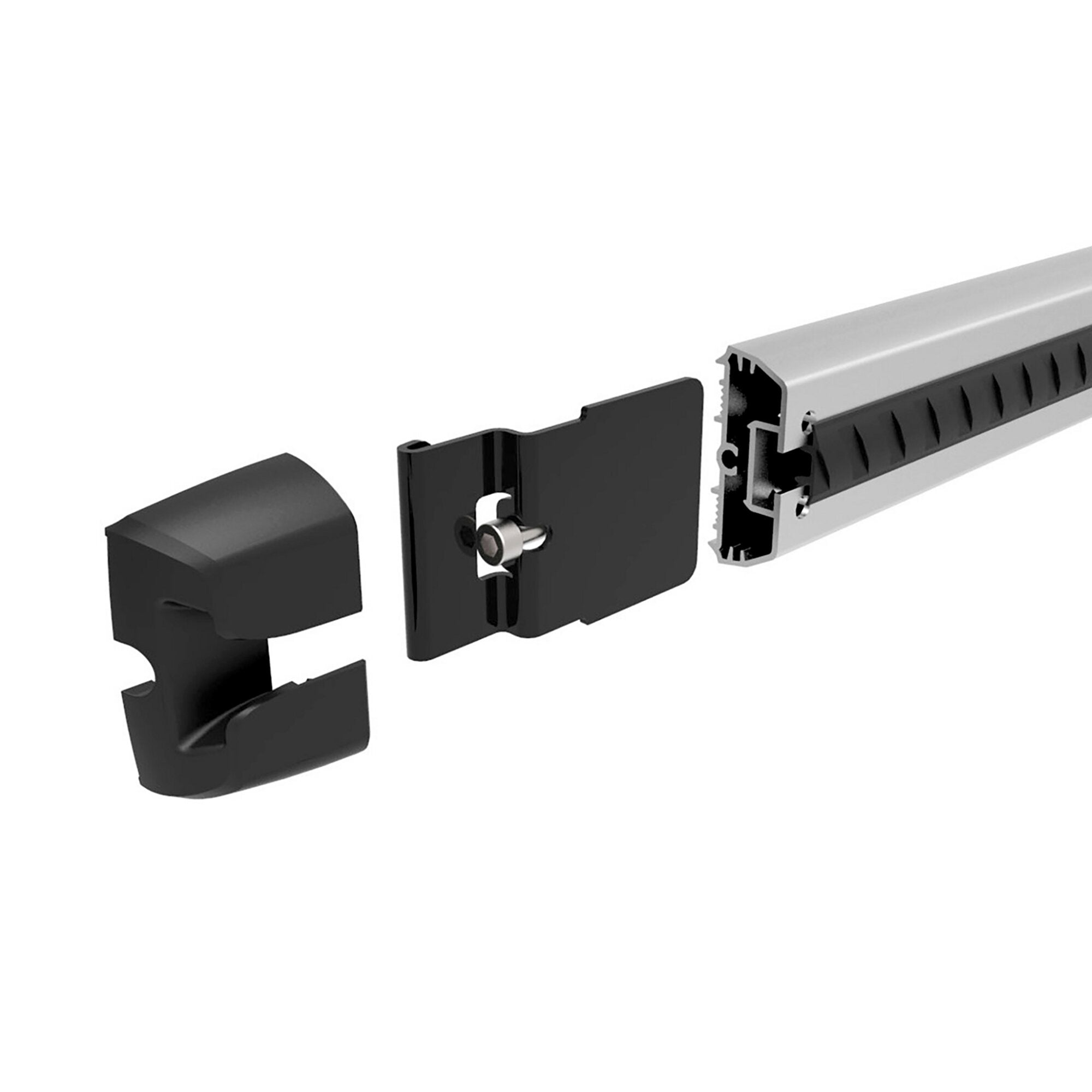Nahaufnahme eines Thule Elite Van XT Fahrradträgers: silberne Aluminium-Trägerschiene, schwarze Halteblechen und Montagesystem-Bauteile