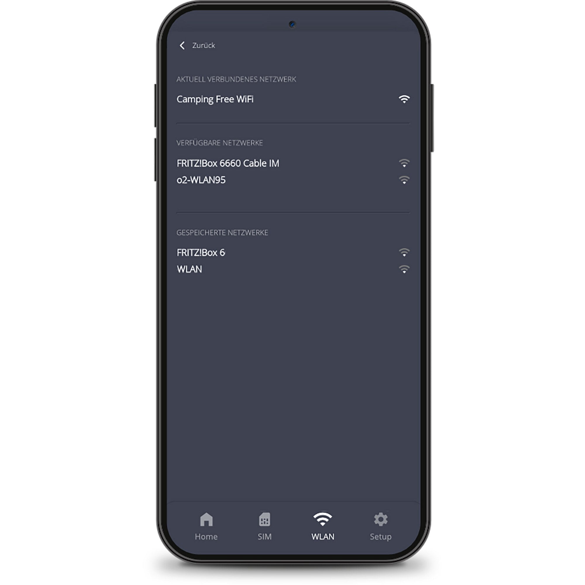 Smartphone-Bildschirm zeigt Router-App mit Netzliste: Camping Free WiFi und FRITZ!Box 6660 Cable IM o2-WLAN95, WLAN-Symbole rechts; unten Menü