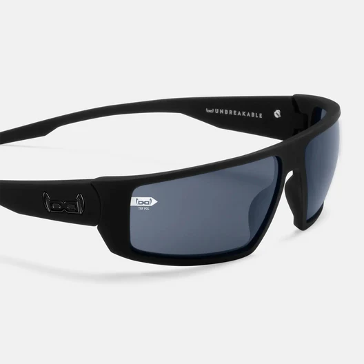Schwarze Schutzbrille gloryfy G34 GUARDIAN mit polarisierten, dunkelblauen, halb rahmenlosen Gläsern und flexiblem,.