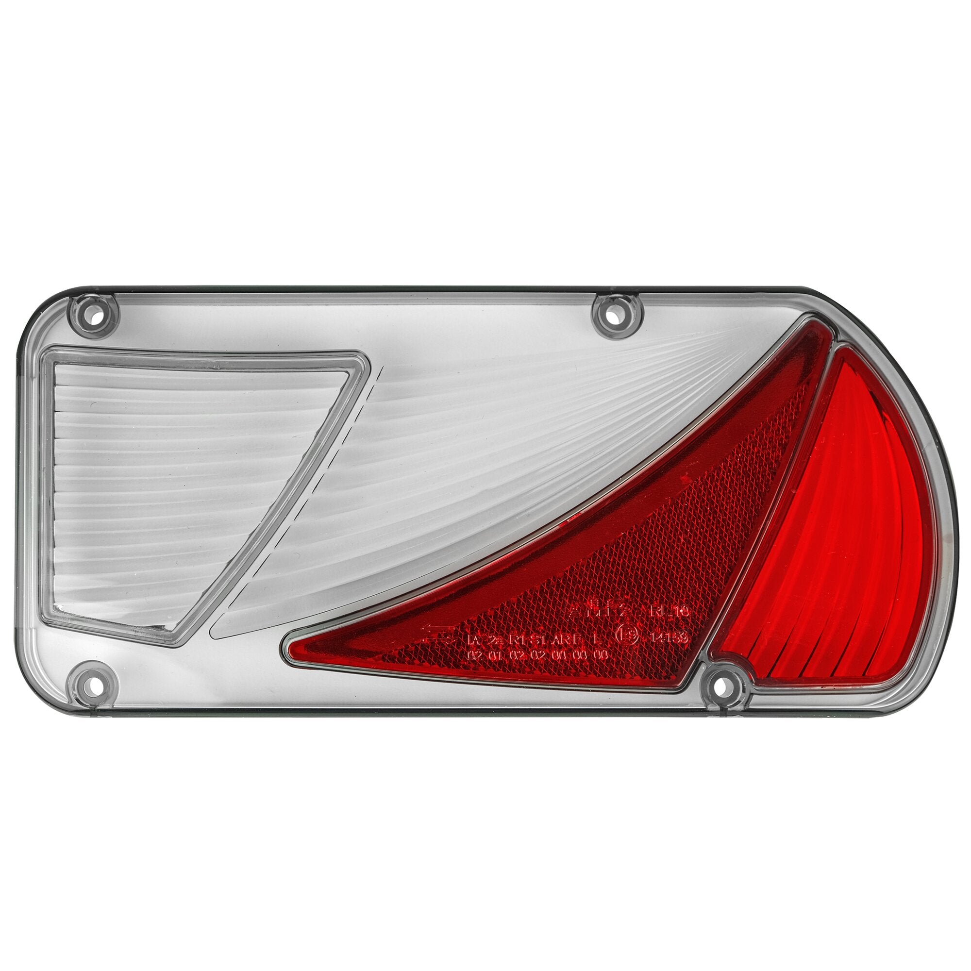 Nahaufnahme einer Lichtscheibe der Heckleuchte rechts mit klarem Gehäuse, rotem Reflektorbereich und sichtbaren Befestigungslöchern
