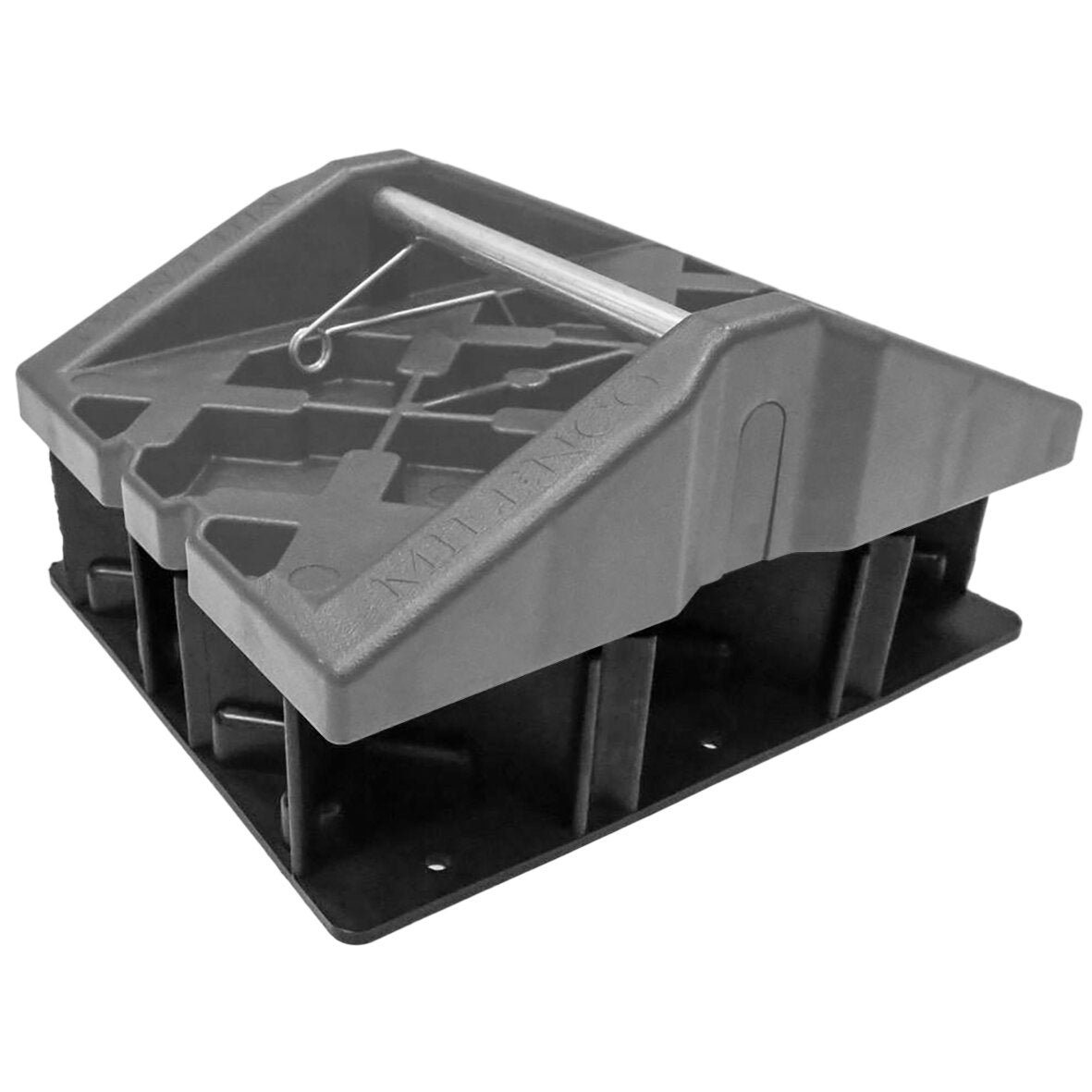 Graue Kunststoff-Stützplattenerhöhung mit flacher Basis und aufgesetzter Plattform; innen Rasterstruktur, Metallstift mit Drahtring