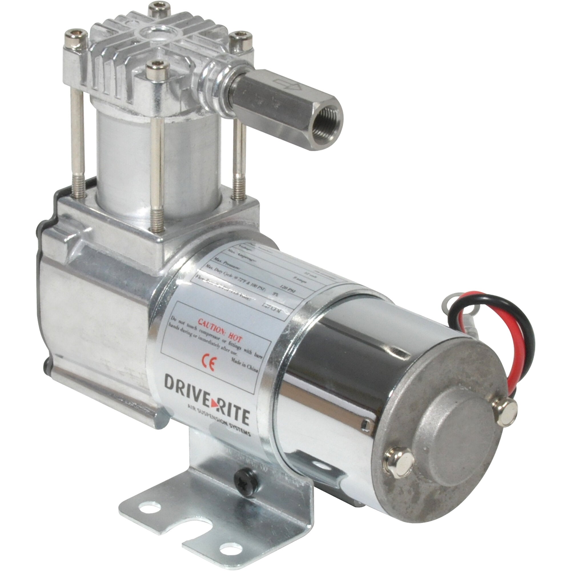 Elektrische Luftpumpen-Einheit aus Metall mit Montagesockel, seitlich Gewindeanschluss, rote und schwarze Kabel sichtbar, Teil des Airlift Maxi Luftfedersystems